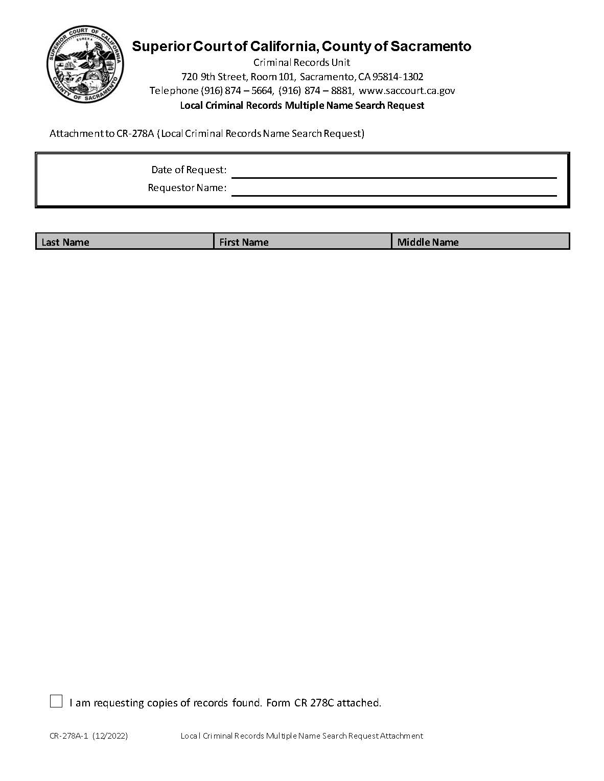 Local Criminal Records Multiple Name Search Request Attachment {CR-278A-1} | Pdf Fpdf Docx | California