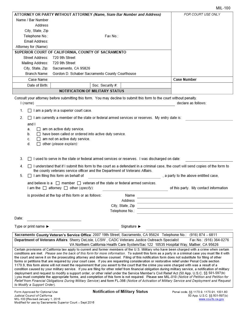 Notification Of Military Status {MIL-100} | Pdf Fpdf Docx | California