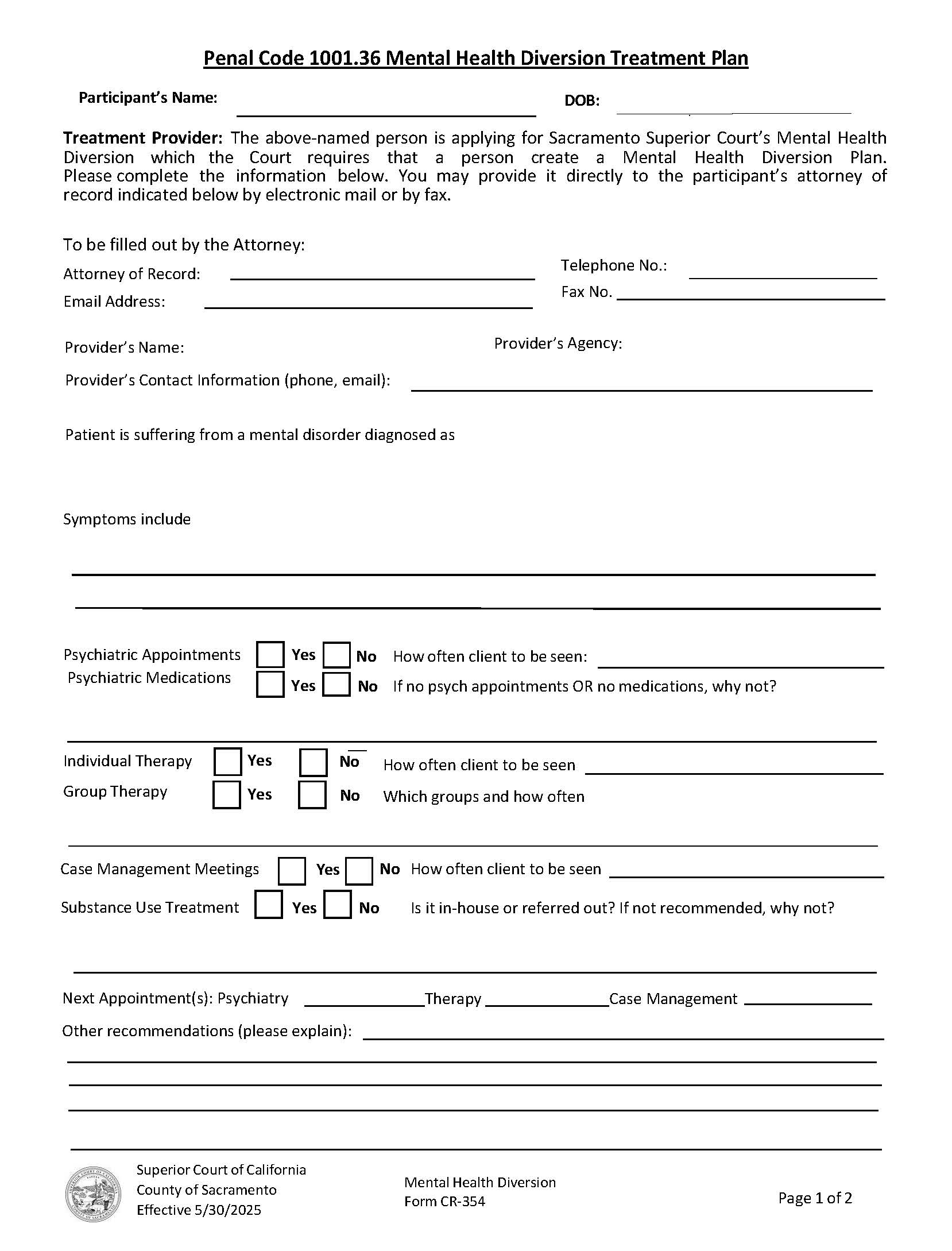 Penal Code 1001.36 Mental Health Diversion Treatment Plan {CR-354} | Pdf Fpdf Docx | California