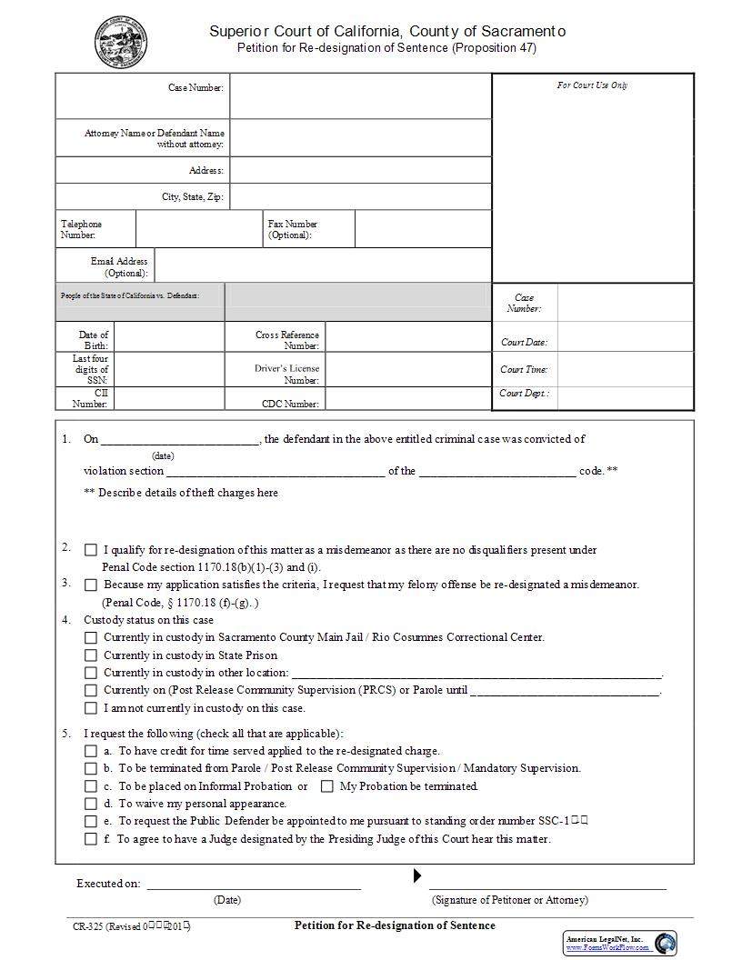 Petition For Re-designation Of Sentence (Proposition 47) {CR-325} | Pdf Fpdf Docx | California