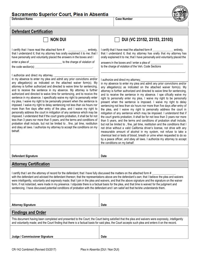 Plea In Absentia DUI-Non DUI {CR-142} | Pdf Fpdf Docx | California