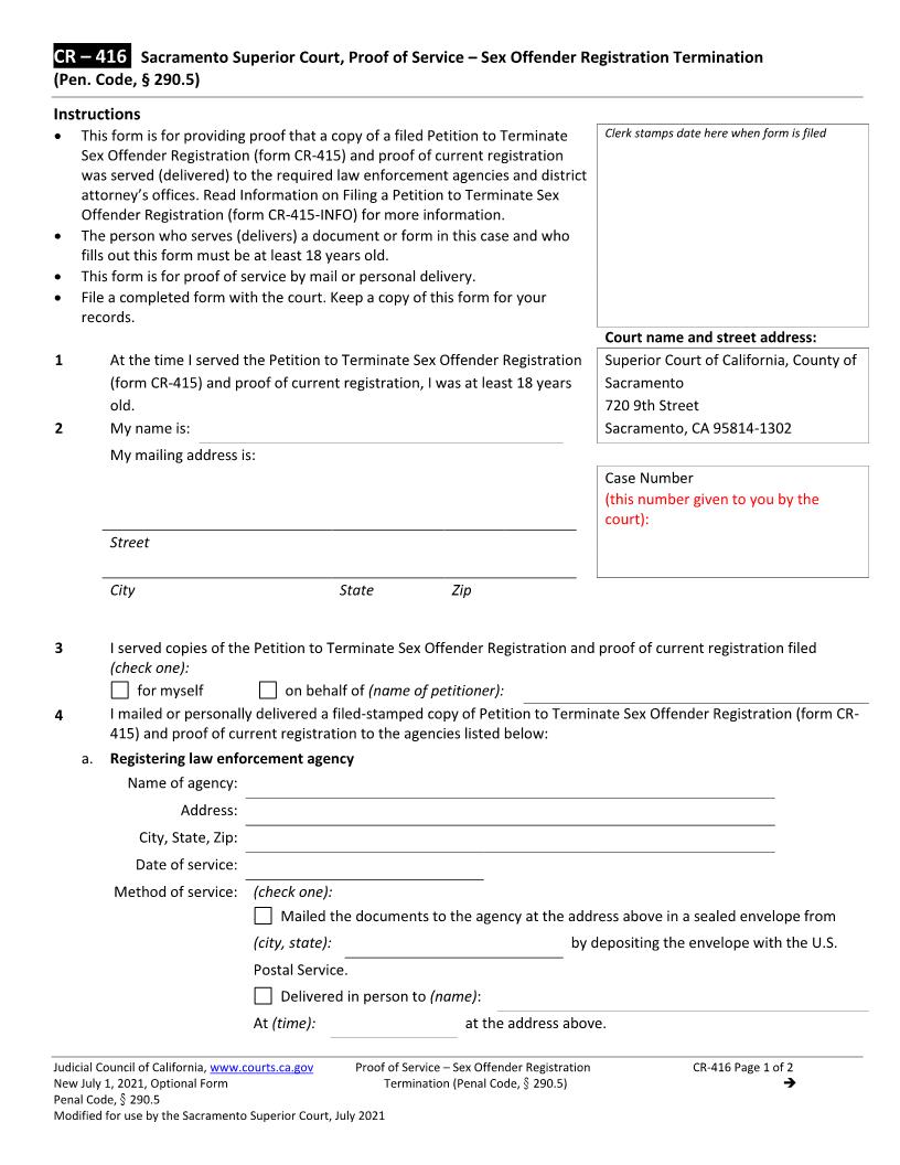 Proof Of Service-Sex Offender Registration Termination (Pen. Code 290.5) (Sacramento) {CR-416} | Pdf Fpdf Docx | California