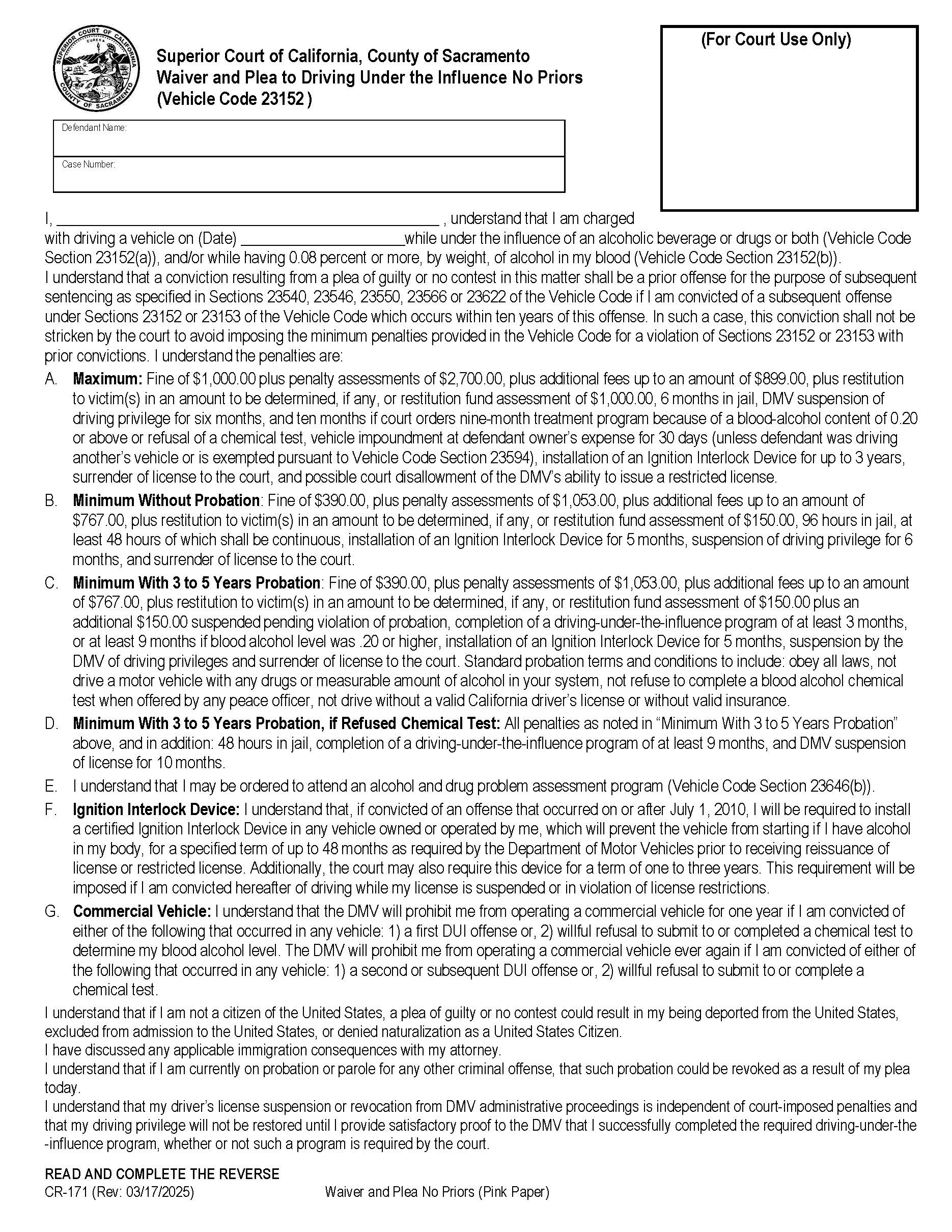 Waiver And Plea No Priors {CR-171} | Pdf Fpdf Docx | California