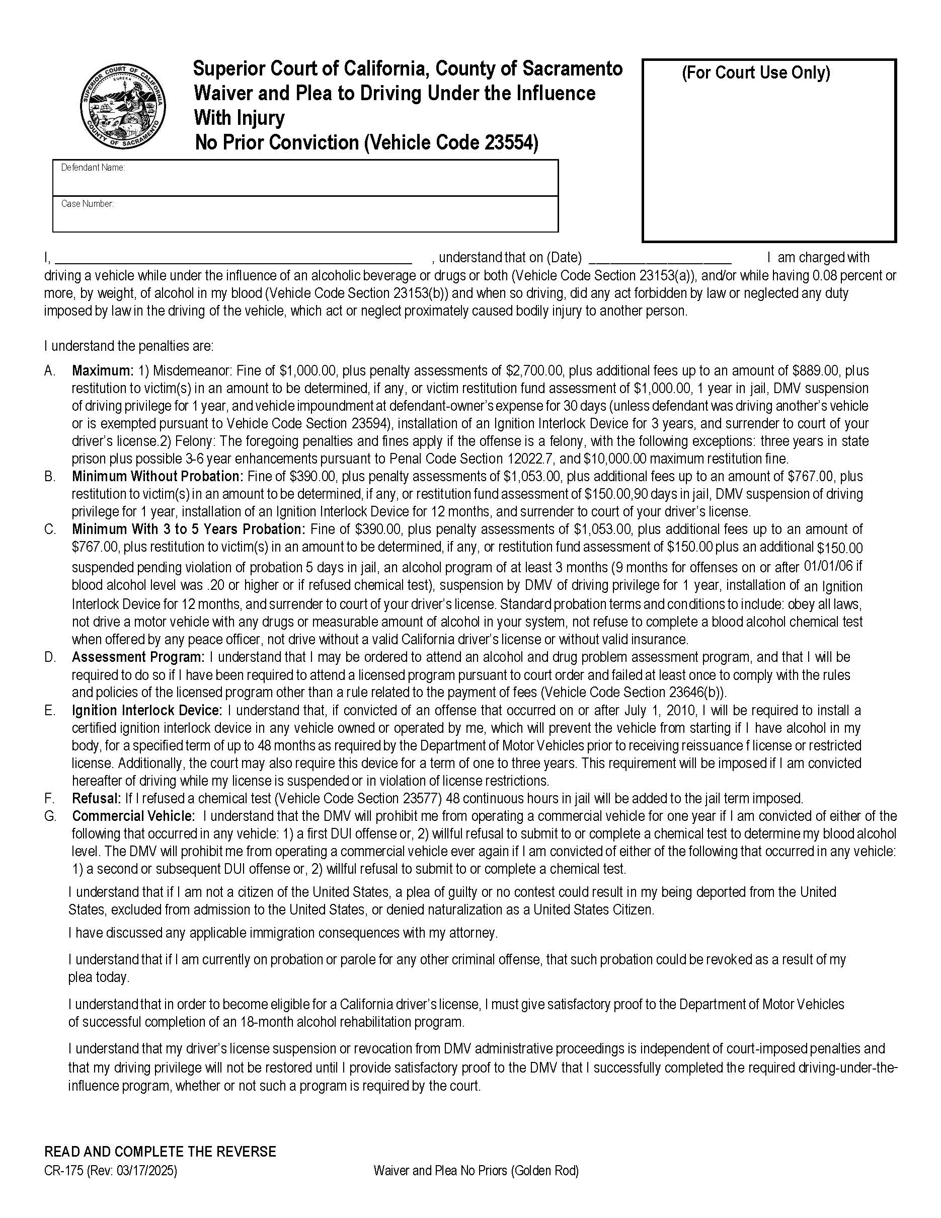 Waiver And Plea No Priors {CR-175} | Pdf Fpdf Docx | California