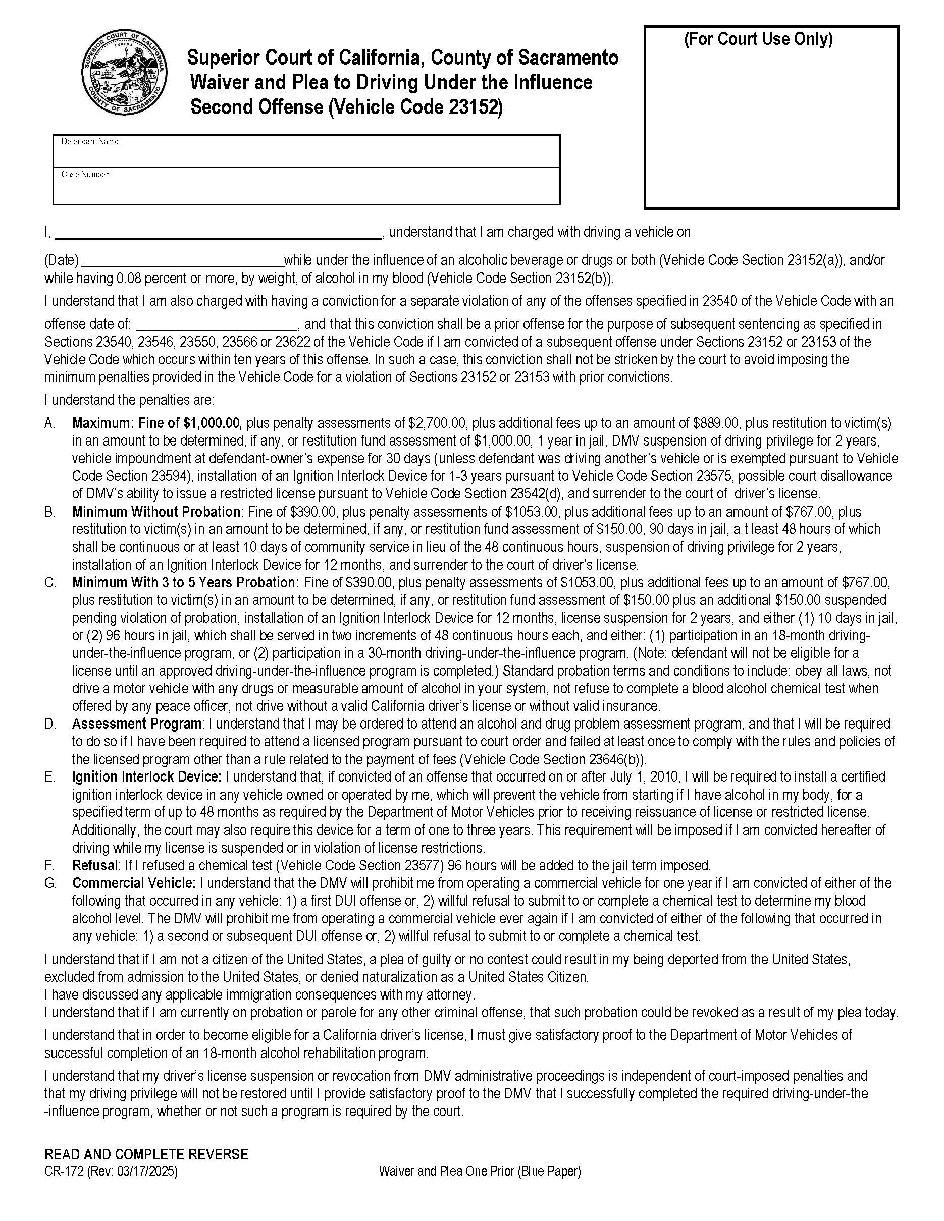Waiver And Plea One Prior {CR-172} | Pdf Fpdf Docx | California