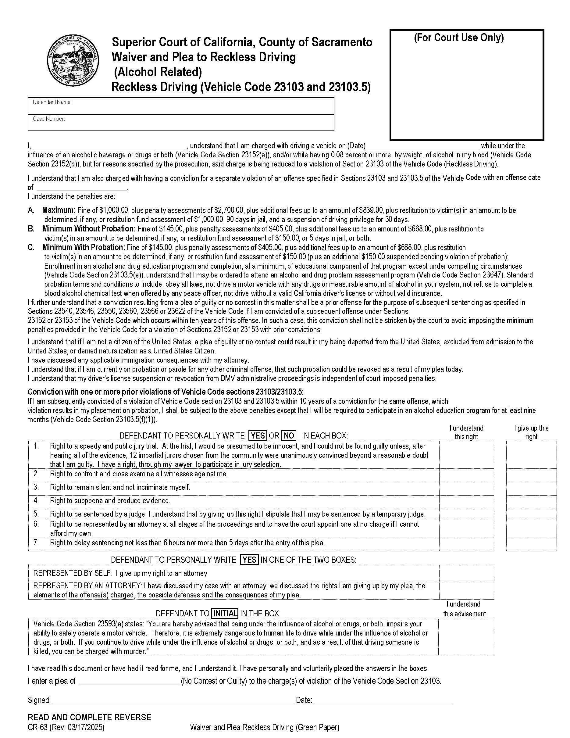 Waiver And Plea Reckless Driving {CR-63} | Pdf Fpdf Docx | California