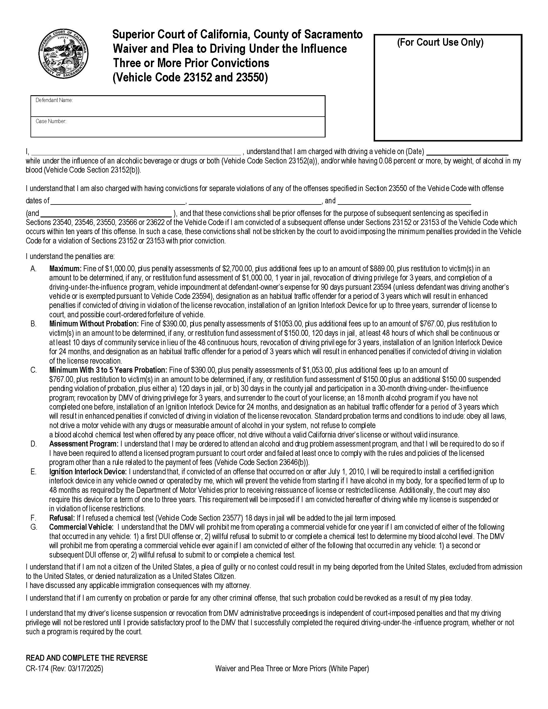 Waiver And Plea Three Or More {CR-174} | Pdf Fpdf Docx | California