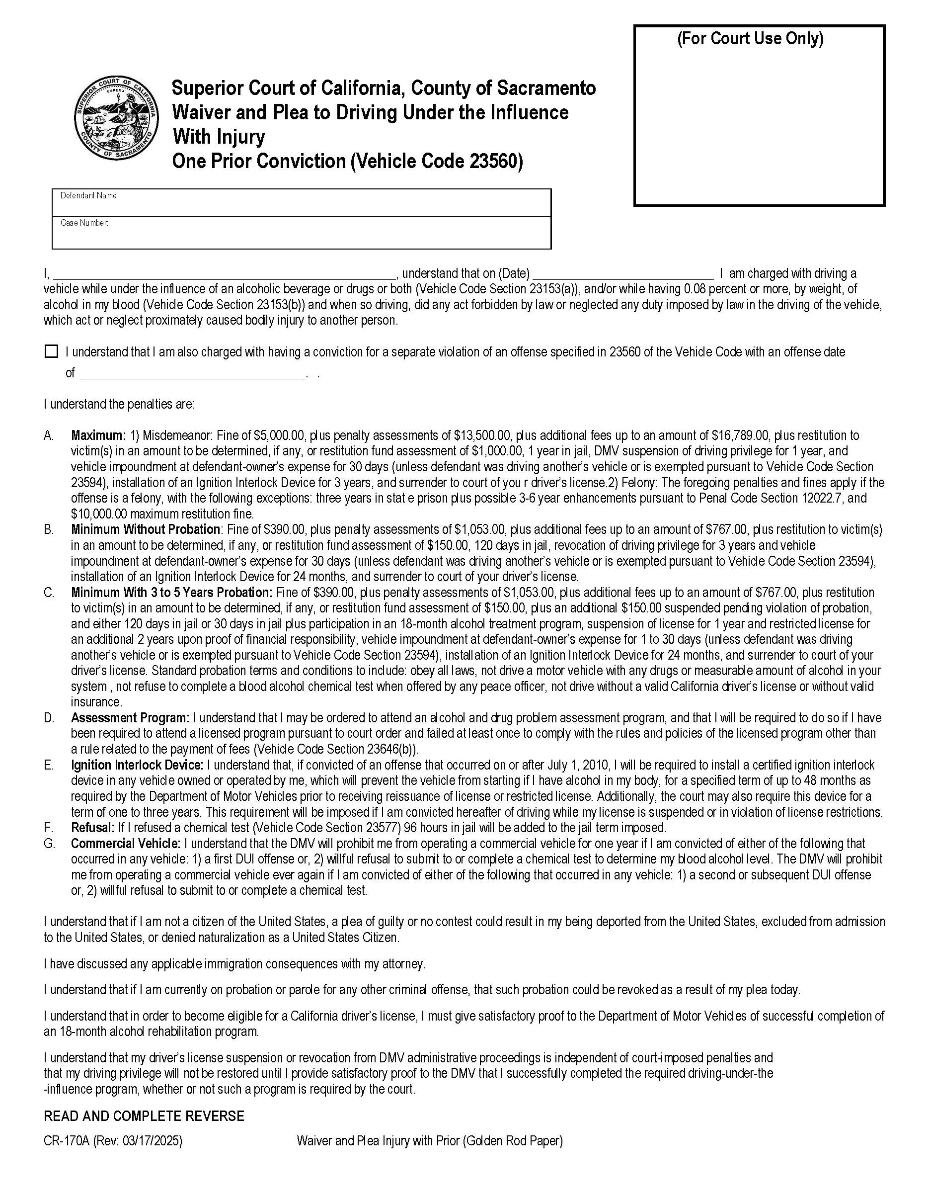 Waiver And Plea With Injury One Prior {CR-170A} | Pdf Fpdf Docx | California