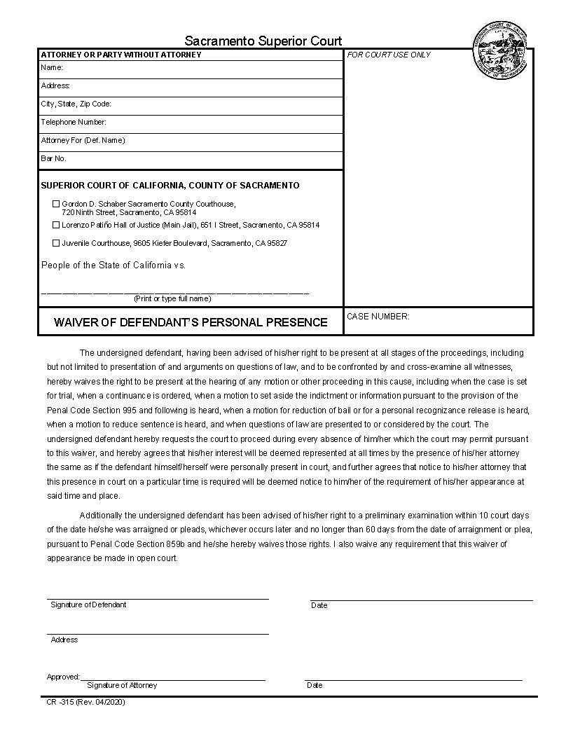 Waiver Of Defendants Personal Presence PC 977c {CR-315} | Pdf Fpdf Docx | California
