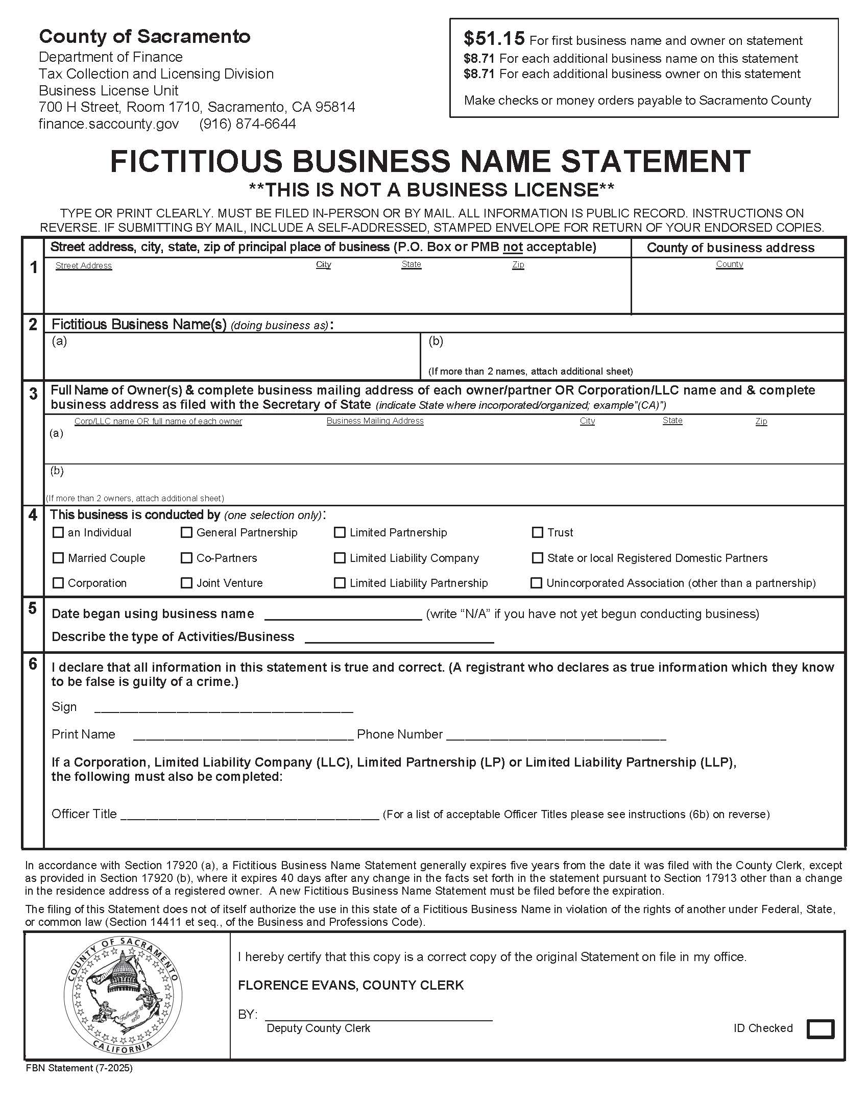 Fictitious Business Name Statement (Sacramento) | Pdf Fpdf Docx | California