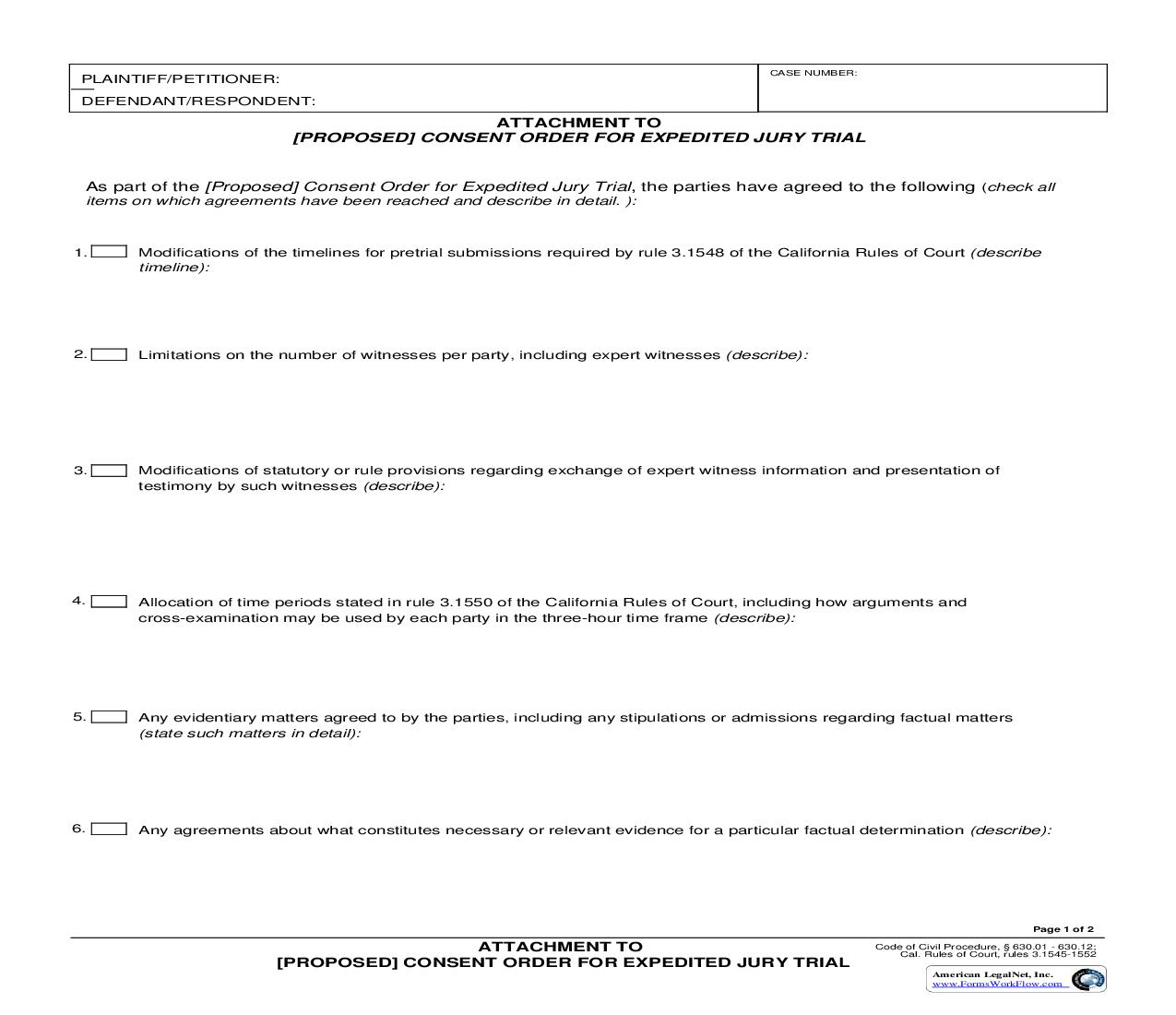 Attachment To Consent Order For Expedited Jury Trial {EJT-020A} | Pdf Fpdf Doc Docx | California