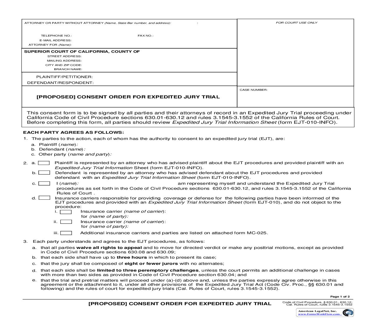 Consent Order For Expedited Jury Trial {CV-EJT-020} | Pdf Fpdf Doc Docx | California