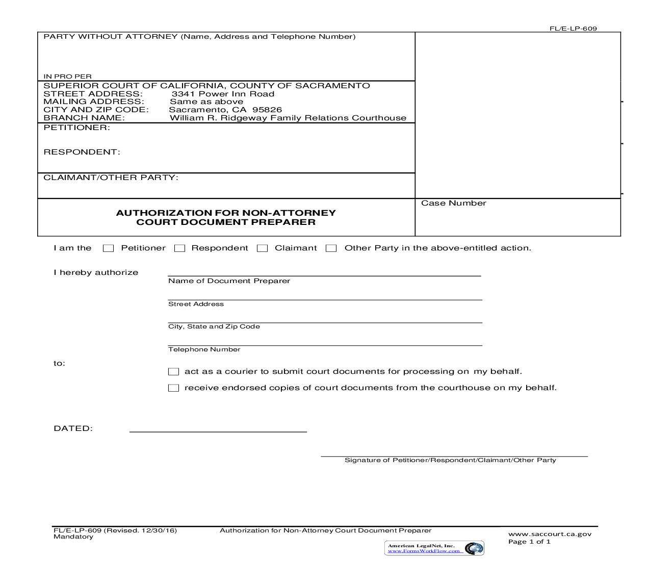Authorization For Non-Attorney Court Document Preparer {FL-E-LP-609} | Pdf Fpdf Doc Docx | California