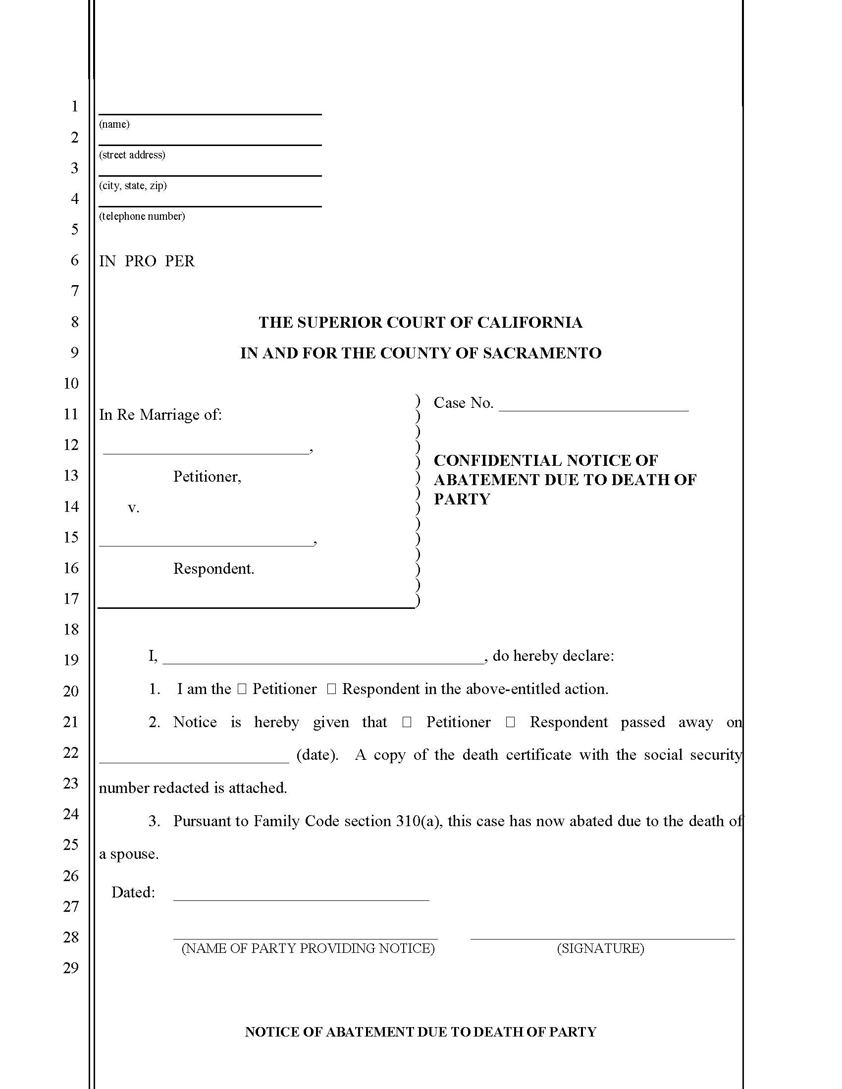 Confidential Notice Of Abatement Due To Death Of Party | Pdf Fpdf Docx | California