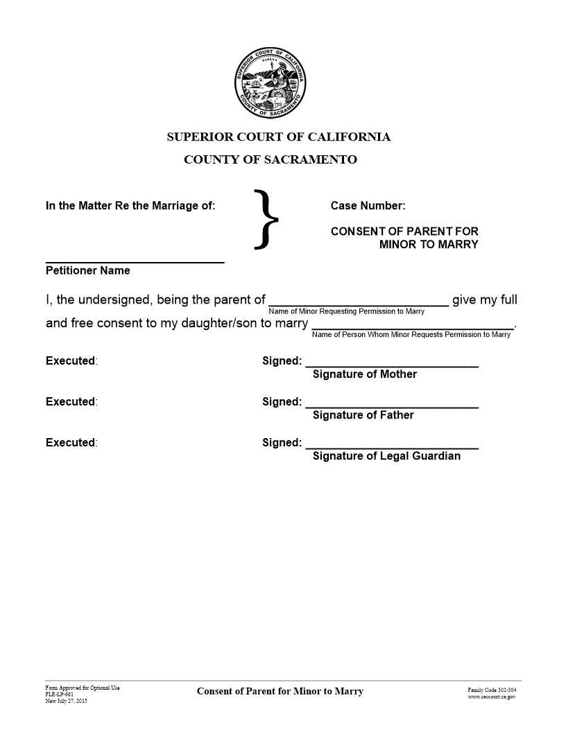 Consent Of Parent For Minor To Marry {FL-E-LP-661} | Pdf Fpdf Docx | California