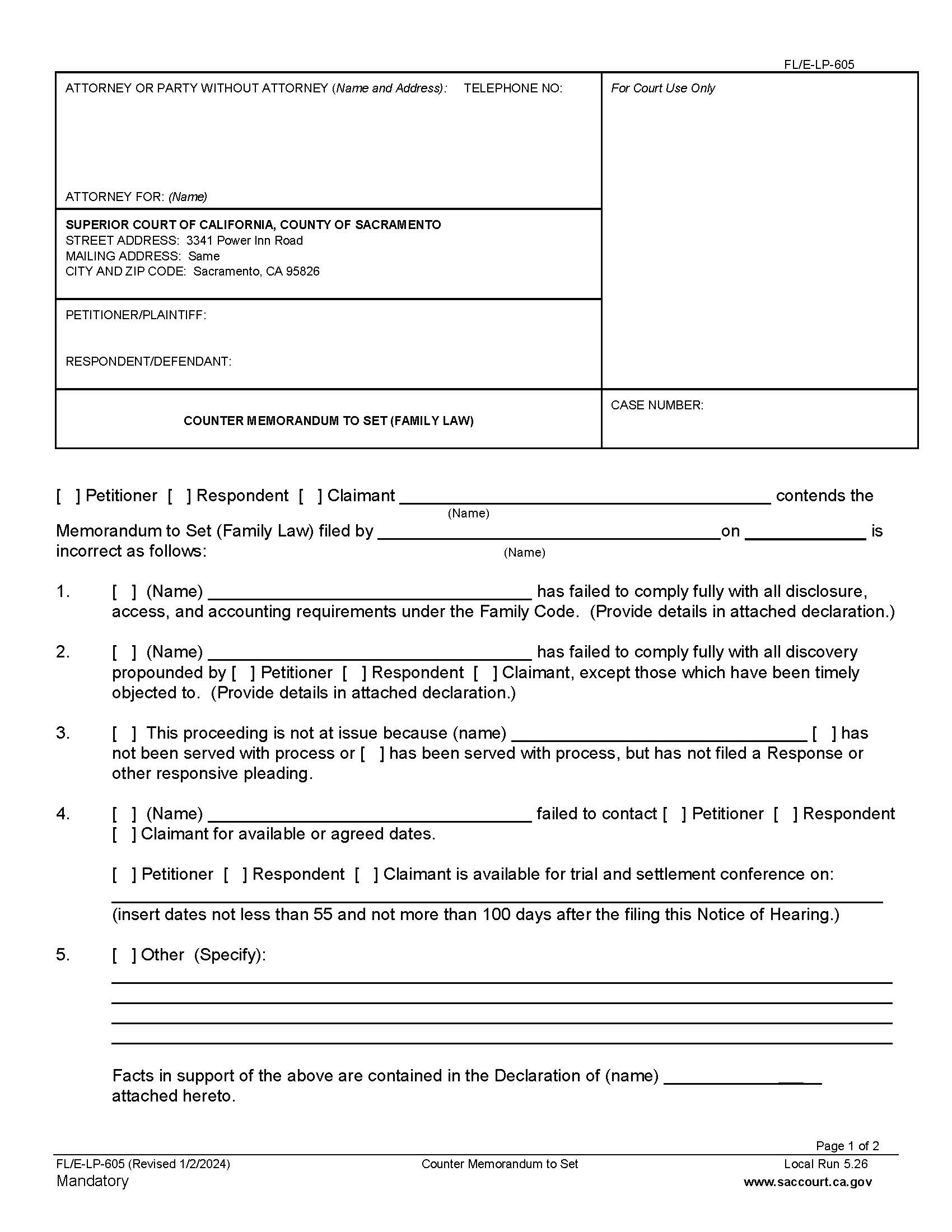 Counter Memorandum To Set (Family Law) {FL-E-LP-605} | Pdf Fpdf Doc Docx | California