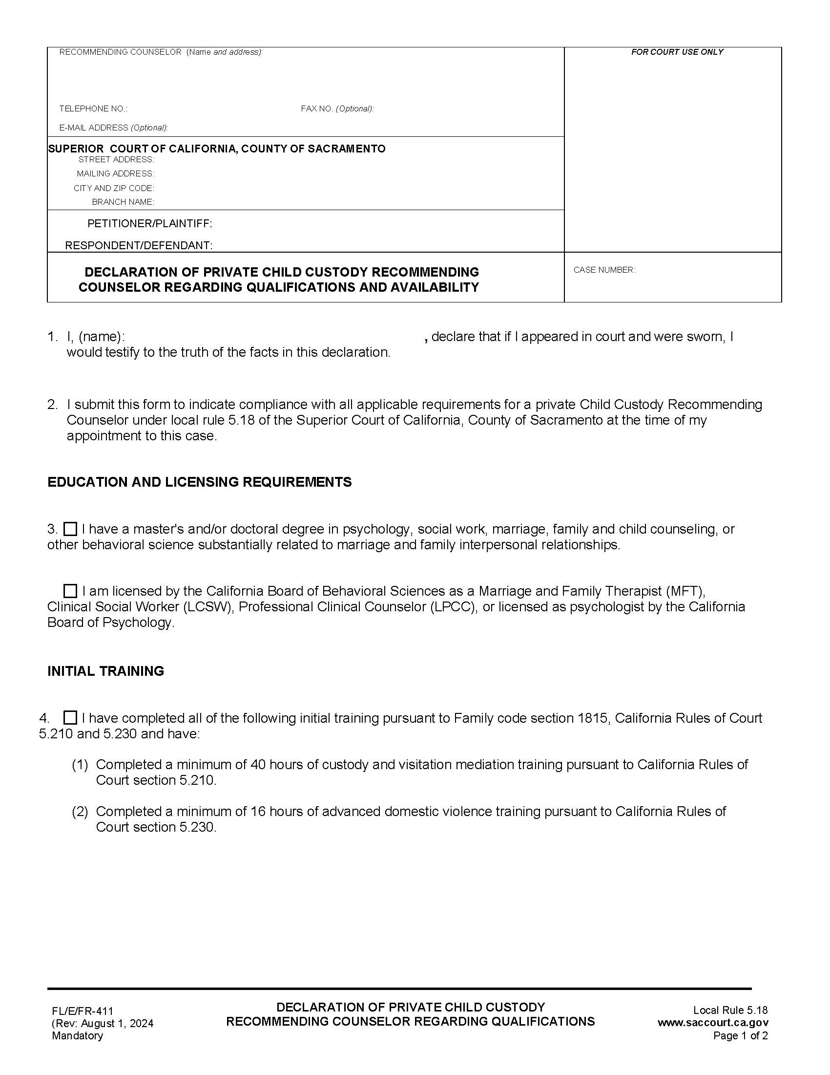 Declaration Of Private Child Custody Recommending Counslor Regarding Qualifications {FL-E-FR-411} | Pdf Fpdf Docx | California