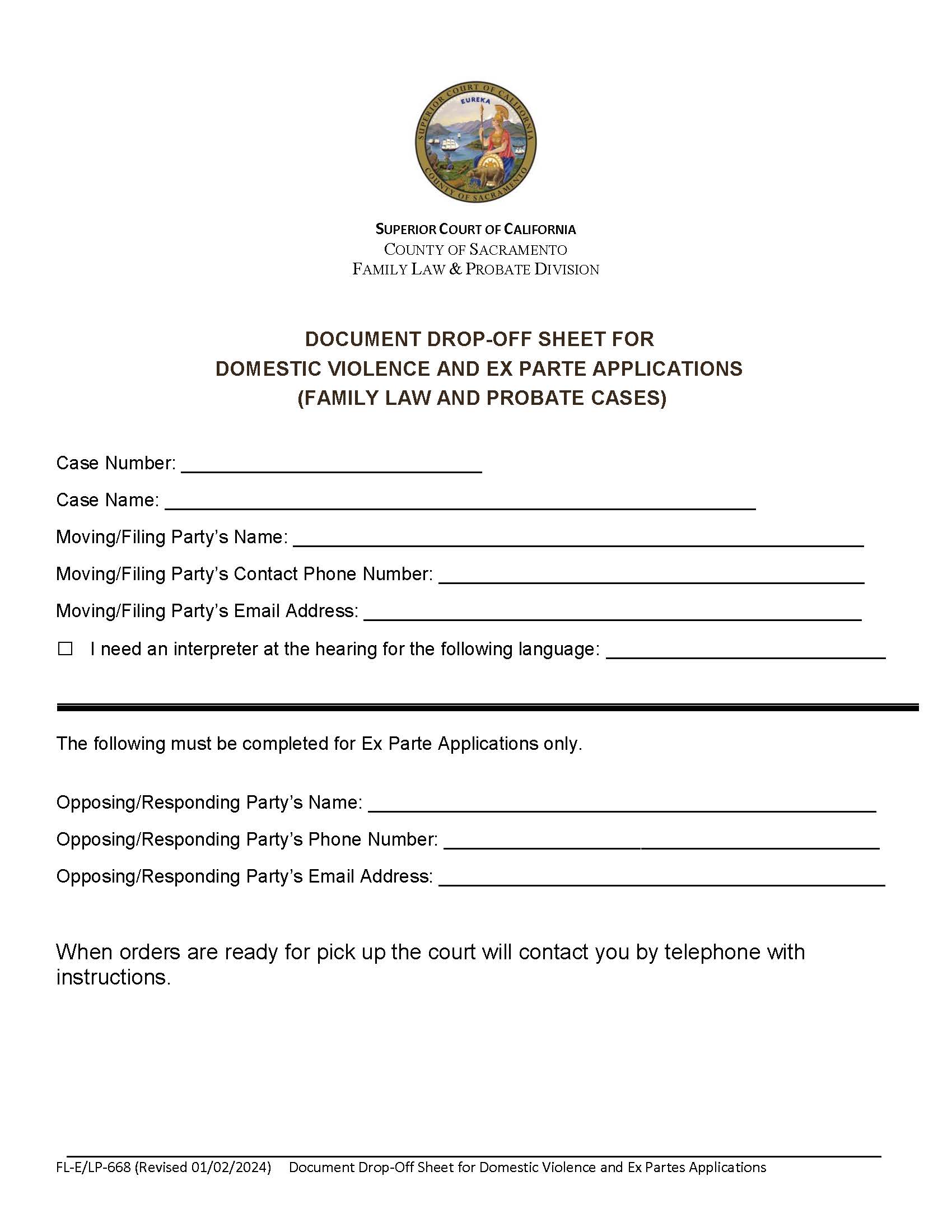 Document Drop-Off Sheet For Domestic Violence And Ex Parte Applications {FL-E-LP-668} | Pdf Fpdf Docx | California