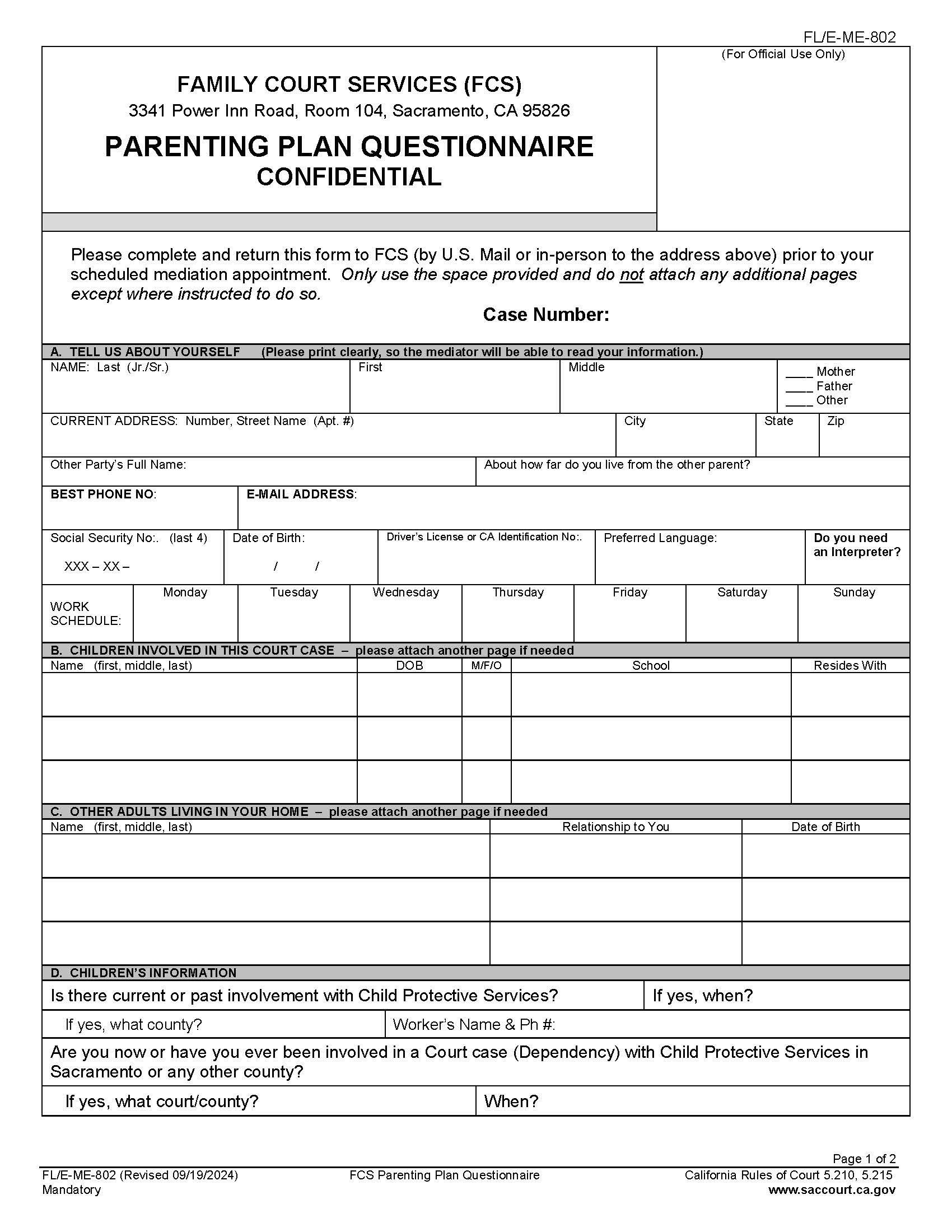 Family Court Services (FCS) Parenting Plan Questionnaire Confidential {FL-E-ME-802} | Pdf Fpdf Docx | California