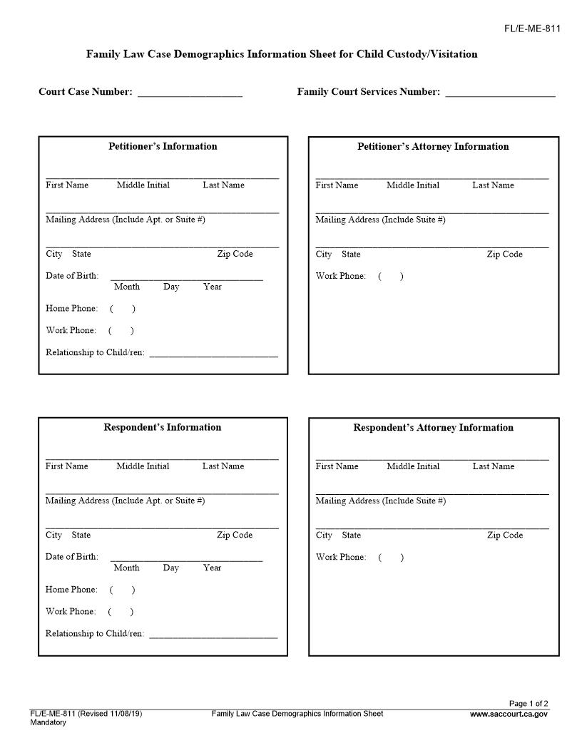 Family Law Case Demographics Information Sheet {FL-E-ME-811} | Pdf Fpdf Doc Docx | California