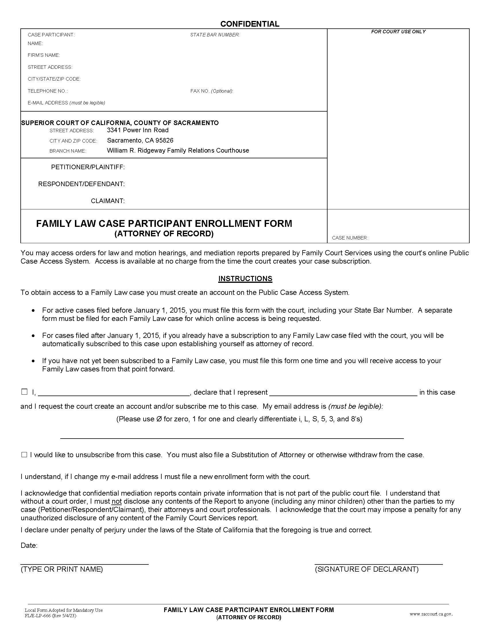 Family Law Case Participant Enrollment Form (Attorney) {FL-E-LP-666} | Pdf Fpdf Docx | California