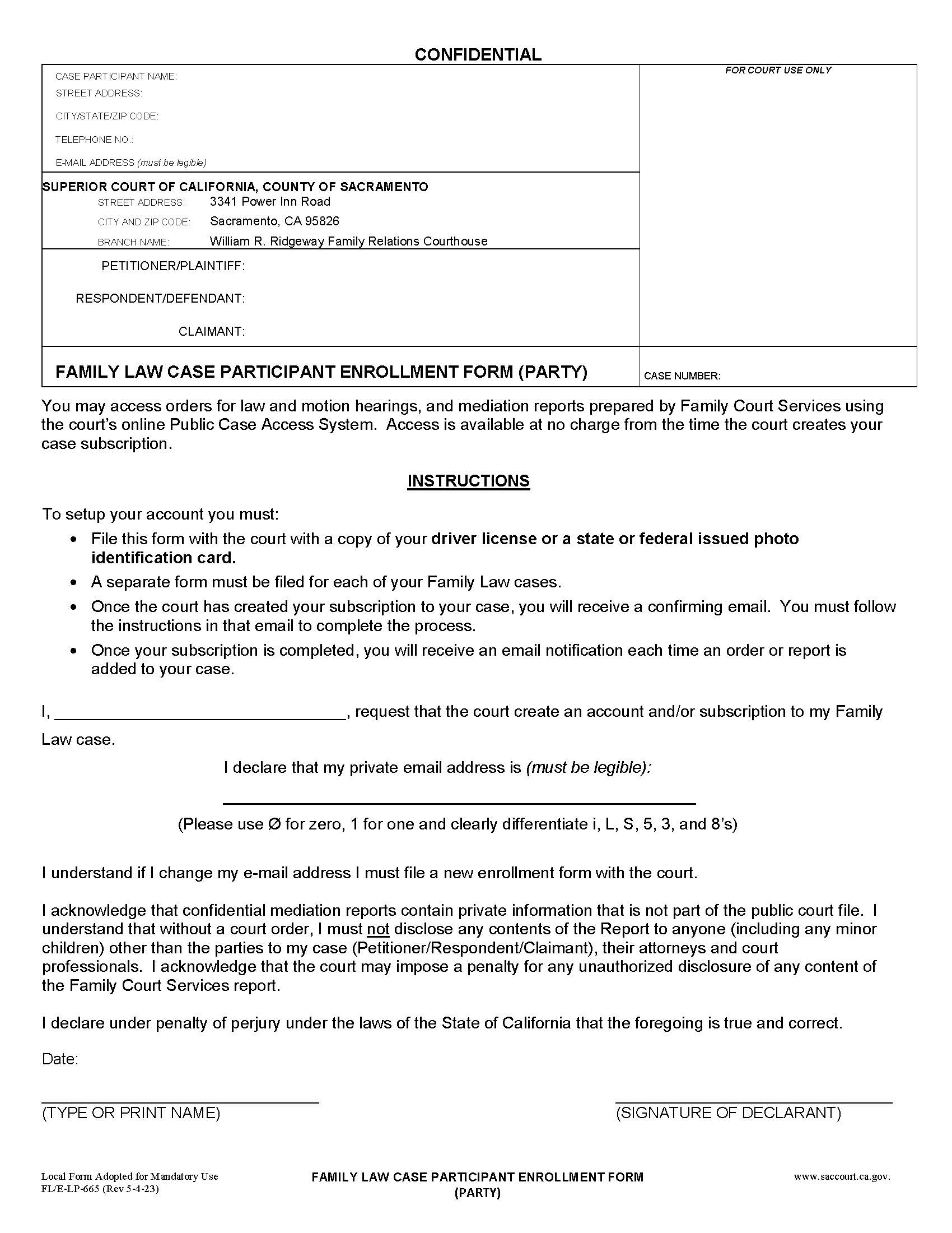 Family Law Case Participant Enrollment Form (Party) {FL-E-LP-665} | Pdf Fpdf Docx | California