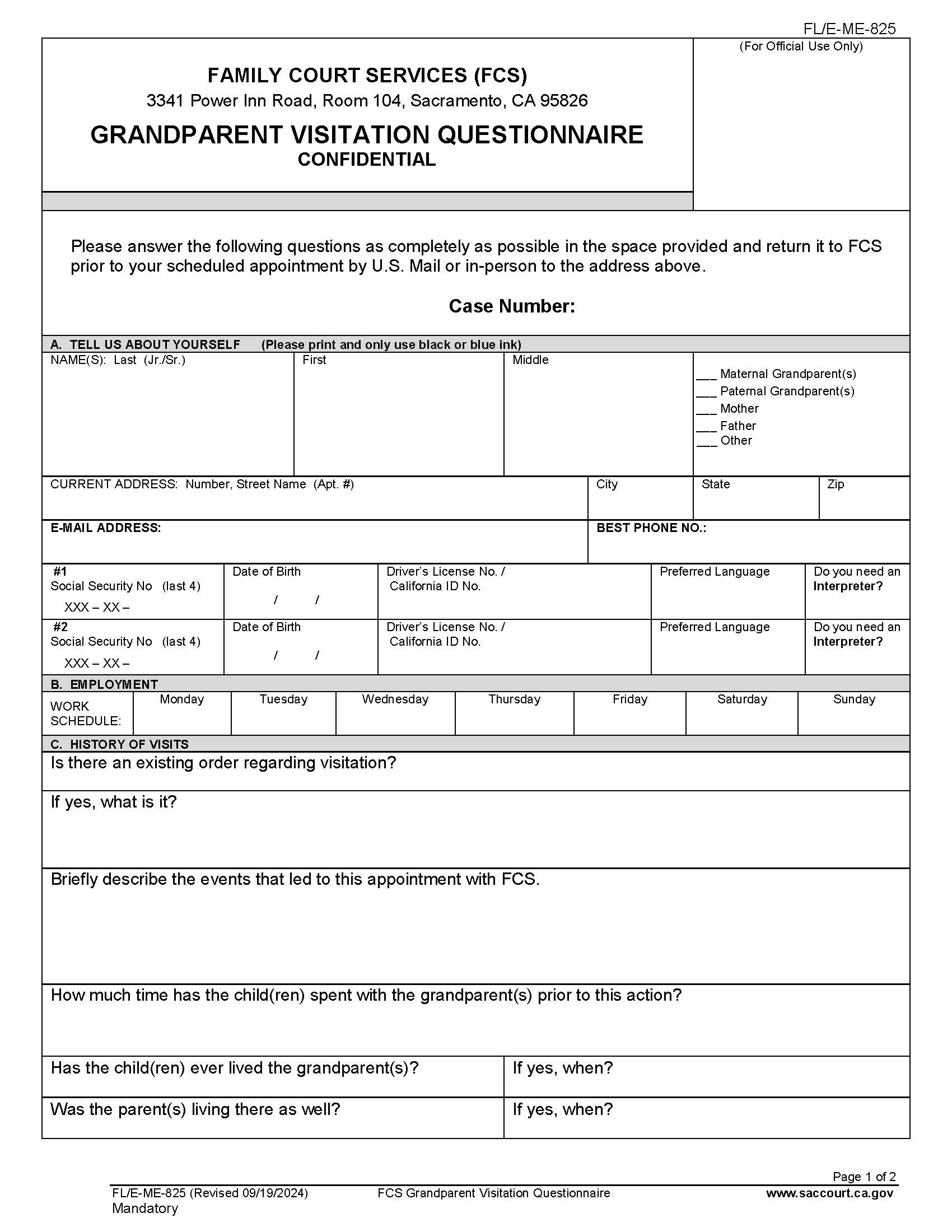 Grandparent Visitation Questionnaire {FL-E-ME-825} | Pdf Fpdf Docx | California