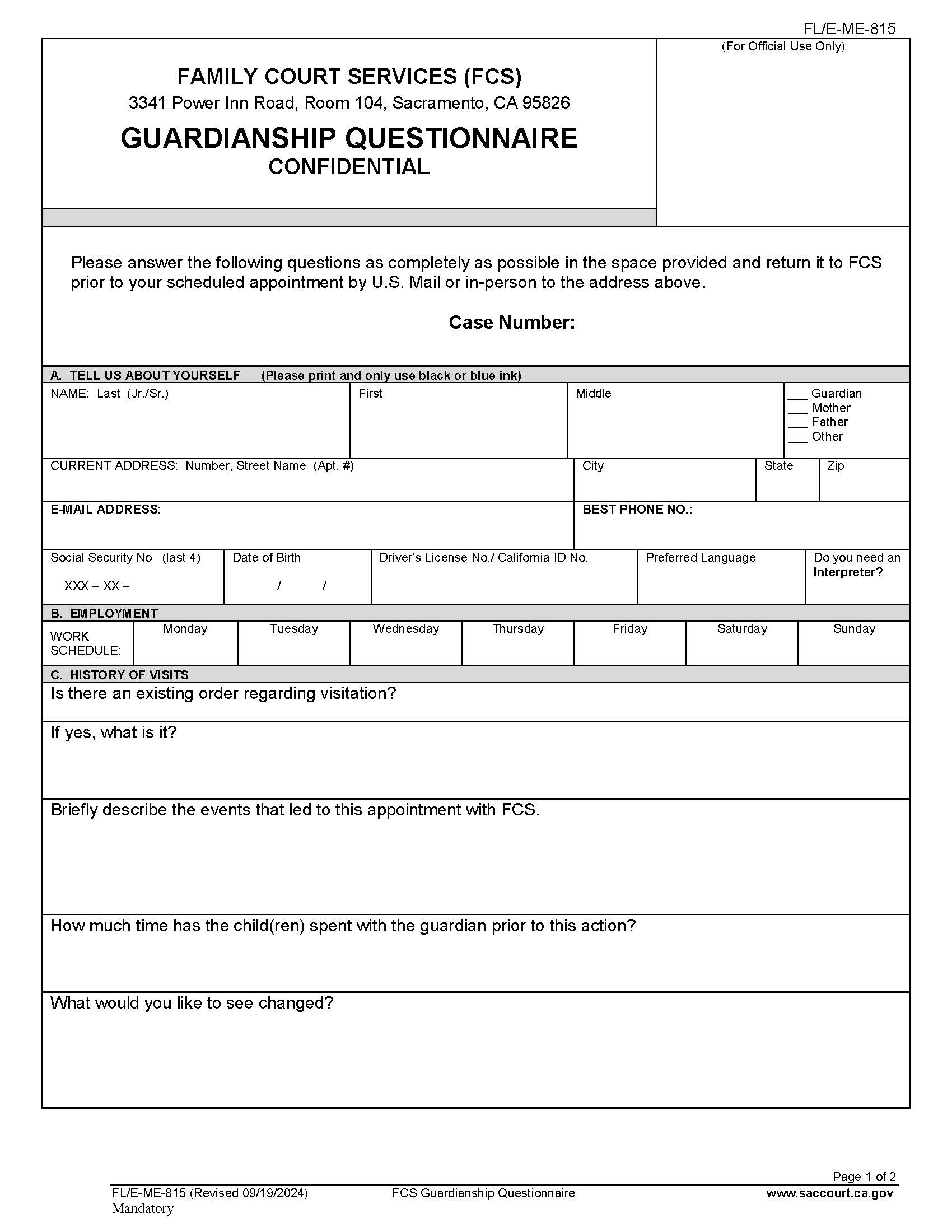 Guardianship Questionnaire {FL-E-ME-815} | Pdf Fpdf Docx | California