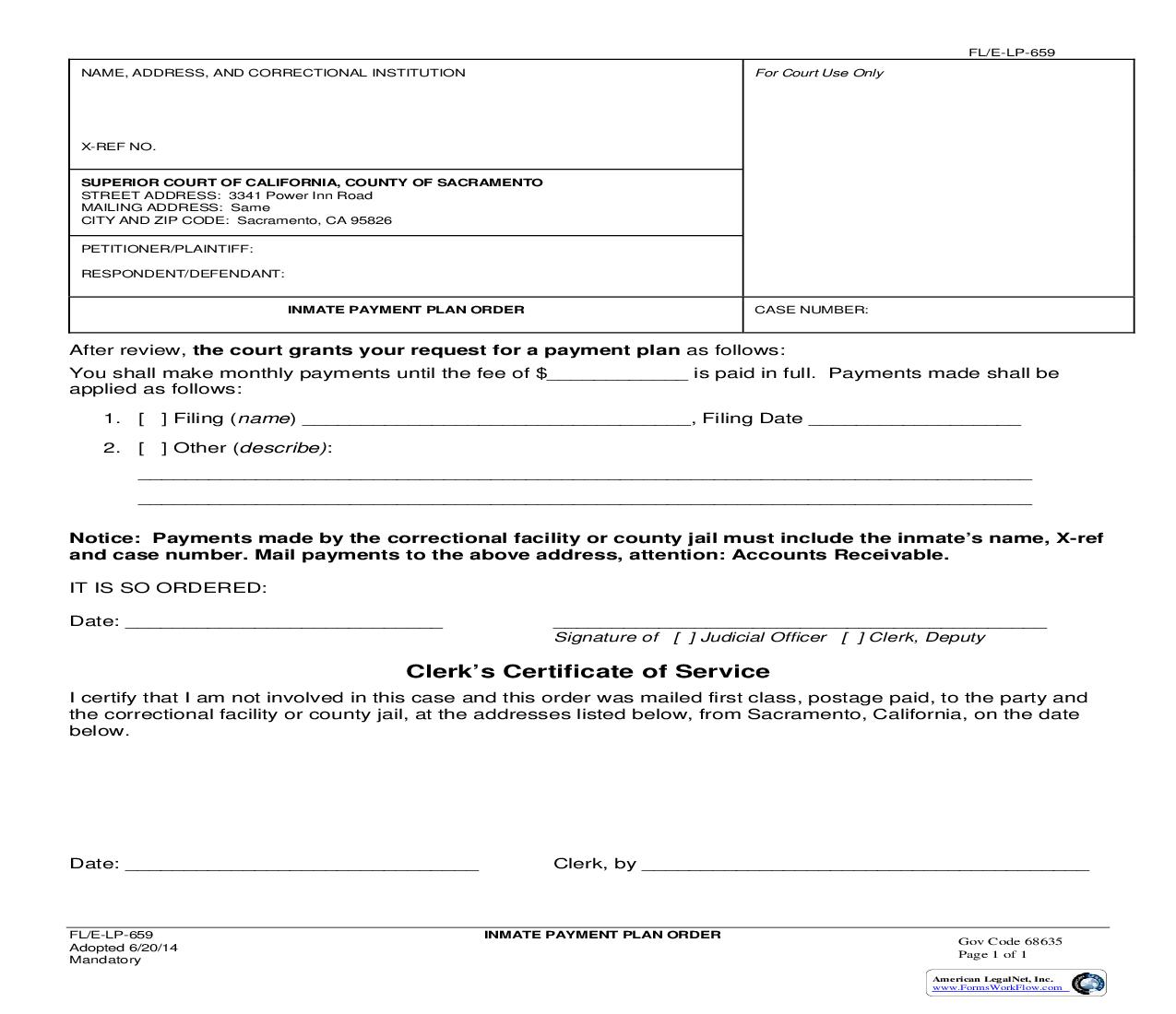 Inmate Payment Plan Order {FL-E-LP-659} | Pdf Fpdf Doc Docx | California