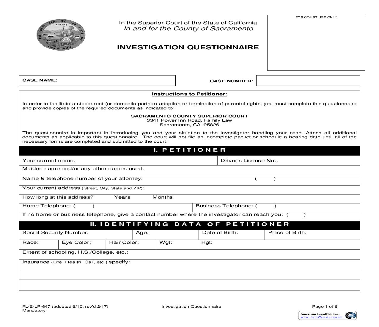 Investigation Questionnaire (For A Stepparent Or Domestic Partner Adoption) {FL-E-LP-647} | Pdf Fpdf Doc Docx | California
