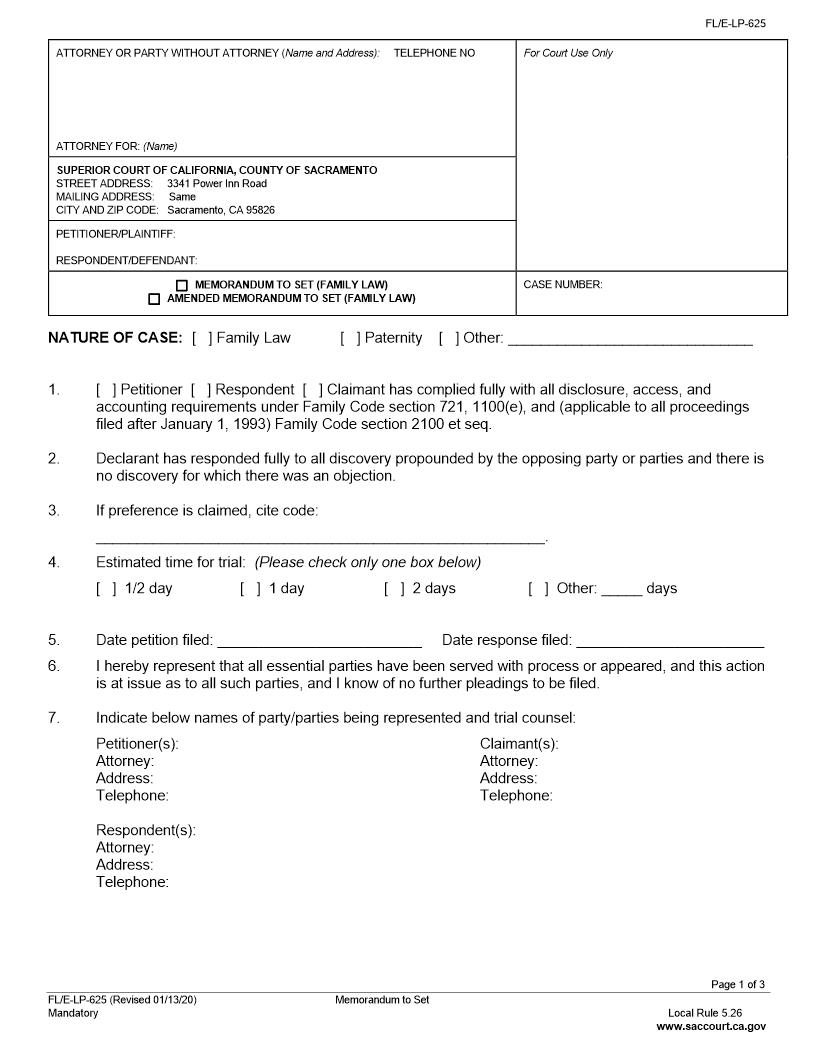 Memorandum To Set {FL-E-LP-625} | Pdf Fpdf Docx | California