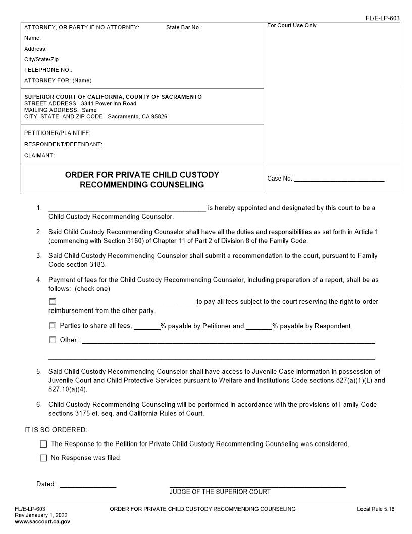 Order For Private Child Custody Recommending Counseling {FL-E-LP-603} | Pdf Fpdf Docx | California