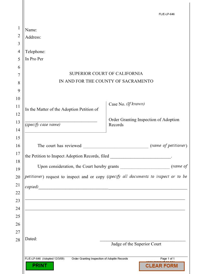 Order Granting Inspection Of Adoption Records {FL-E-LP-646} | Pdf Fpdf Docx | California
