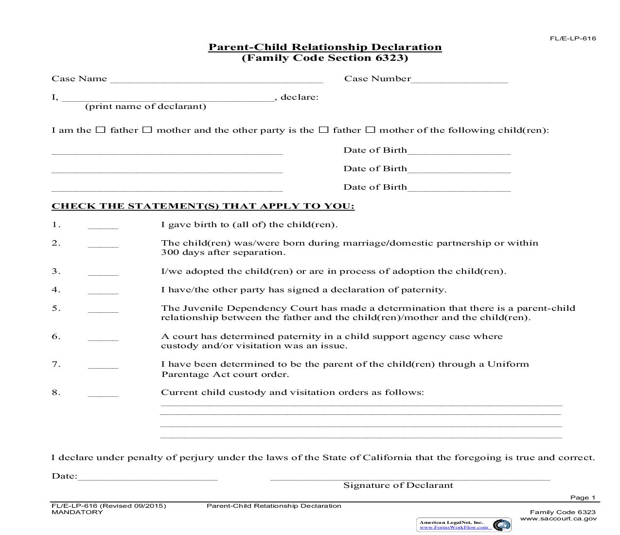 Parent-Child Relationship Declaration {FL-E-LP-616} | Pdf Fpdf Doc Docx | California