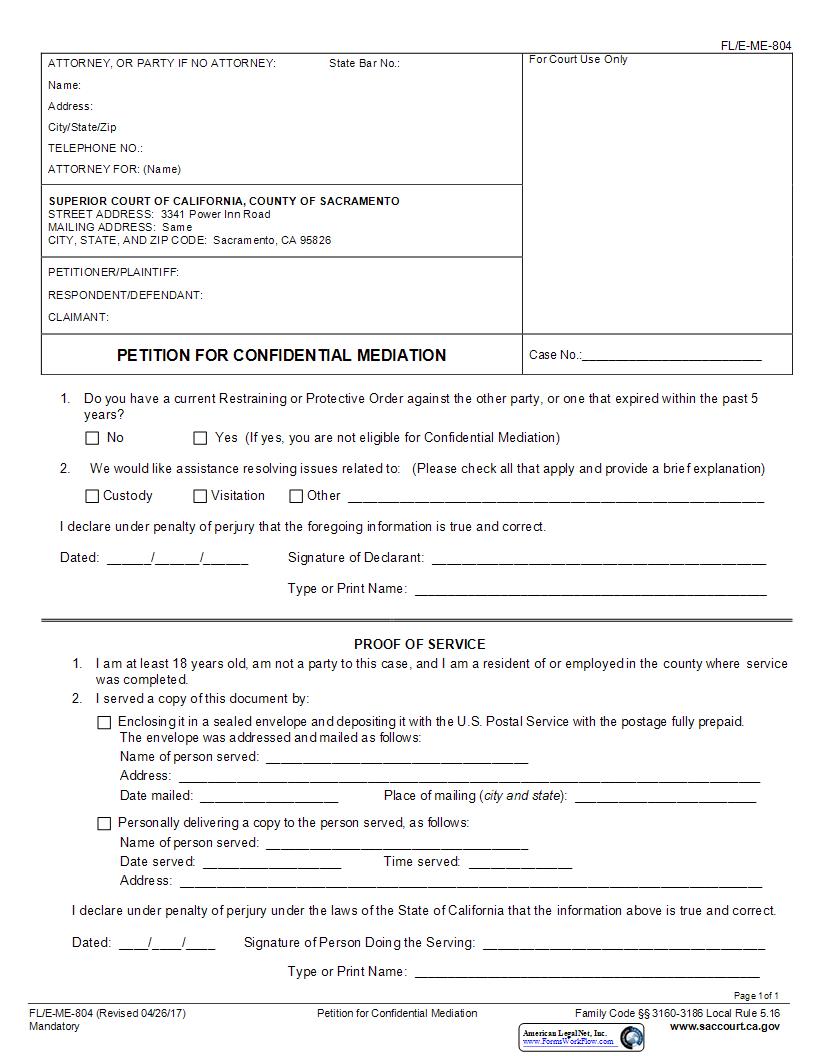 Petition For Confidential Mediation {FL-E-ME-804} | Pdf Fpdf Docx | California
