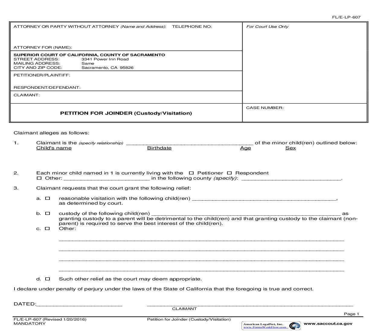 Petition For Joinder (Custody-Visitation) {FL-E-LP-607} | Pdf Fpdf Doc Docx | California