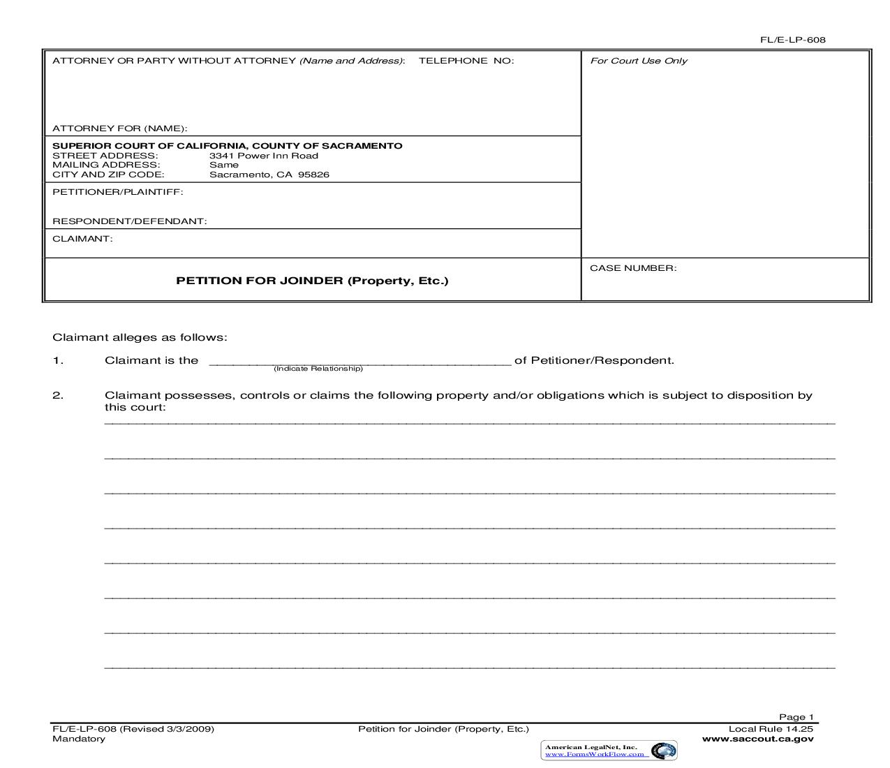 Petition For Joinder (Property Etc) {FL-E-LP-608} | Pdf Fpdf Doc Docx | California