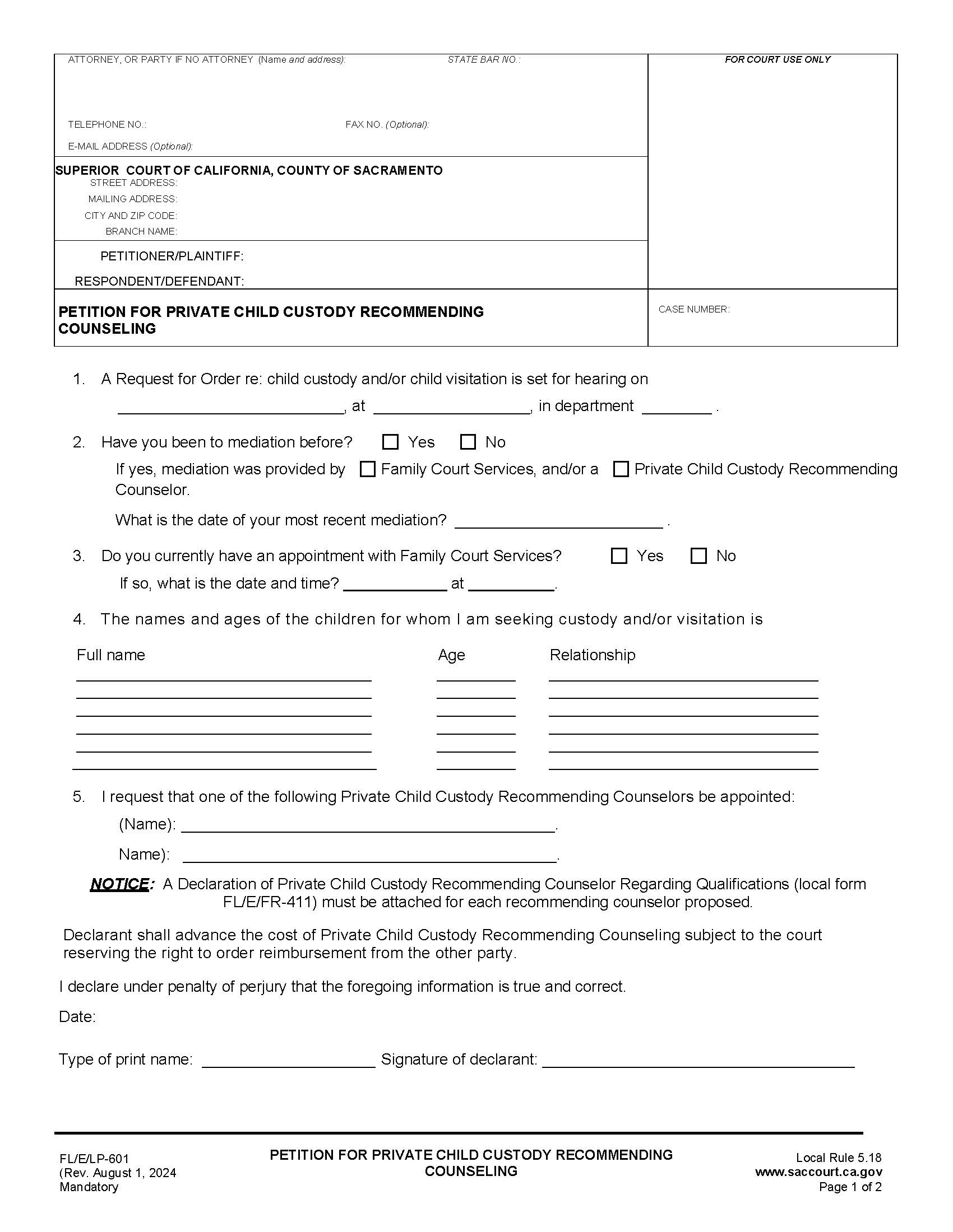 Petition For Private Child Custody Recommending Counseling {FL-E-LP-601} | Pdf Fpdf Doc Docx | California