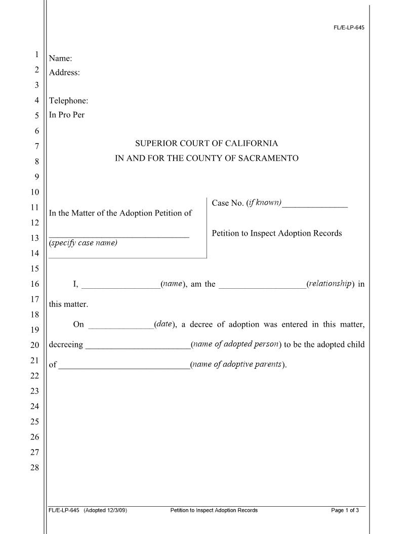 Petition To Inspect Adoptions Records {FL-E-LP-645} | Pdf Fpdf Docx | California