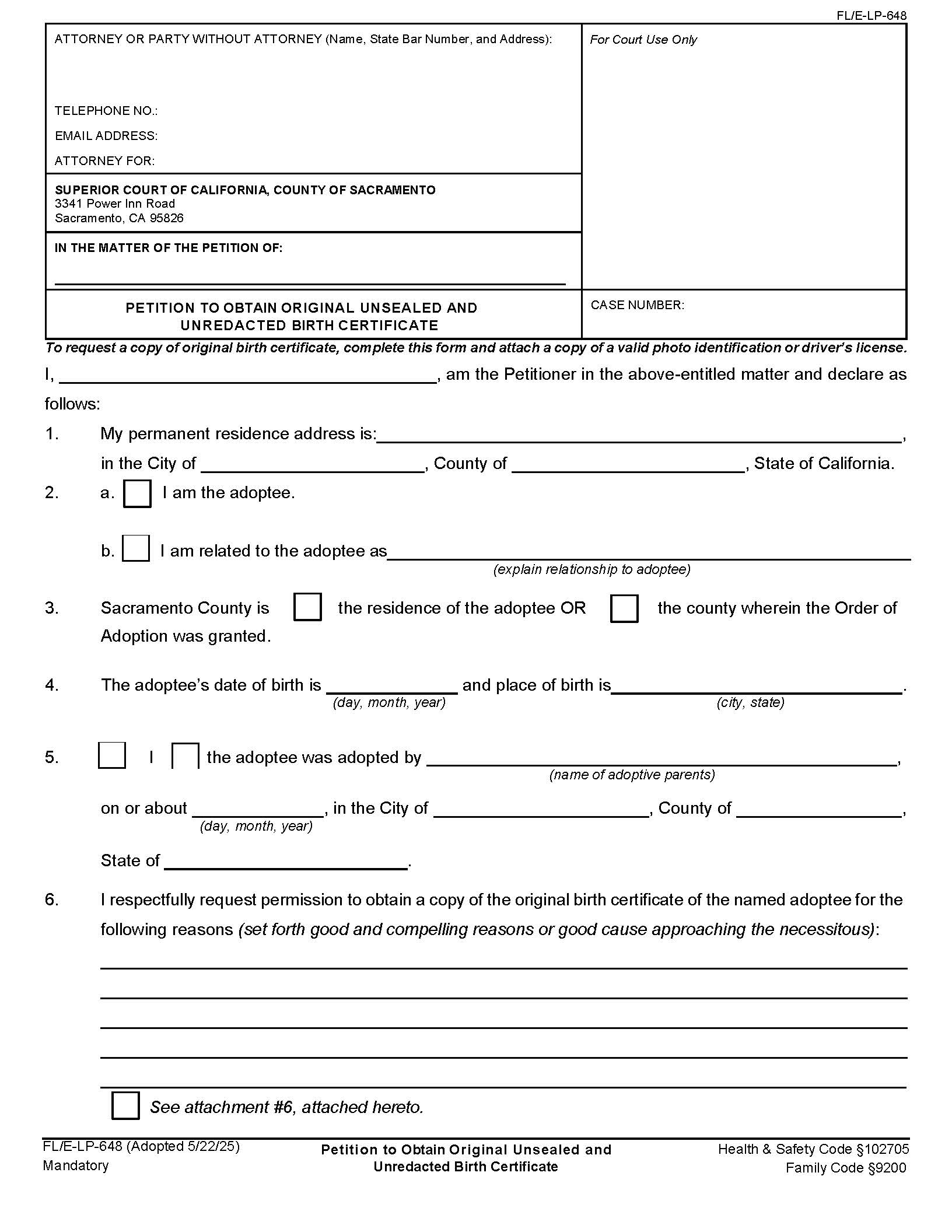 Petition to Obtain Original Unsealed and Unredacted Birth Certificate {FL-E-LP-648} | Pdf Fpdf Docx | California