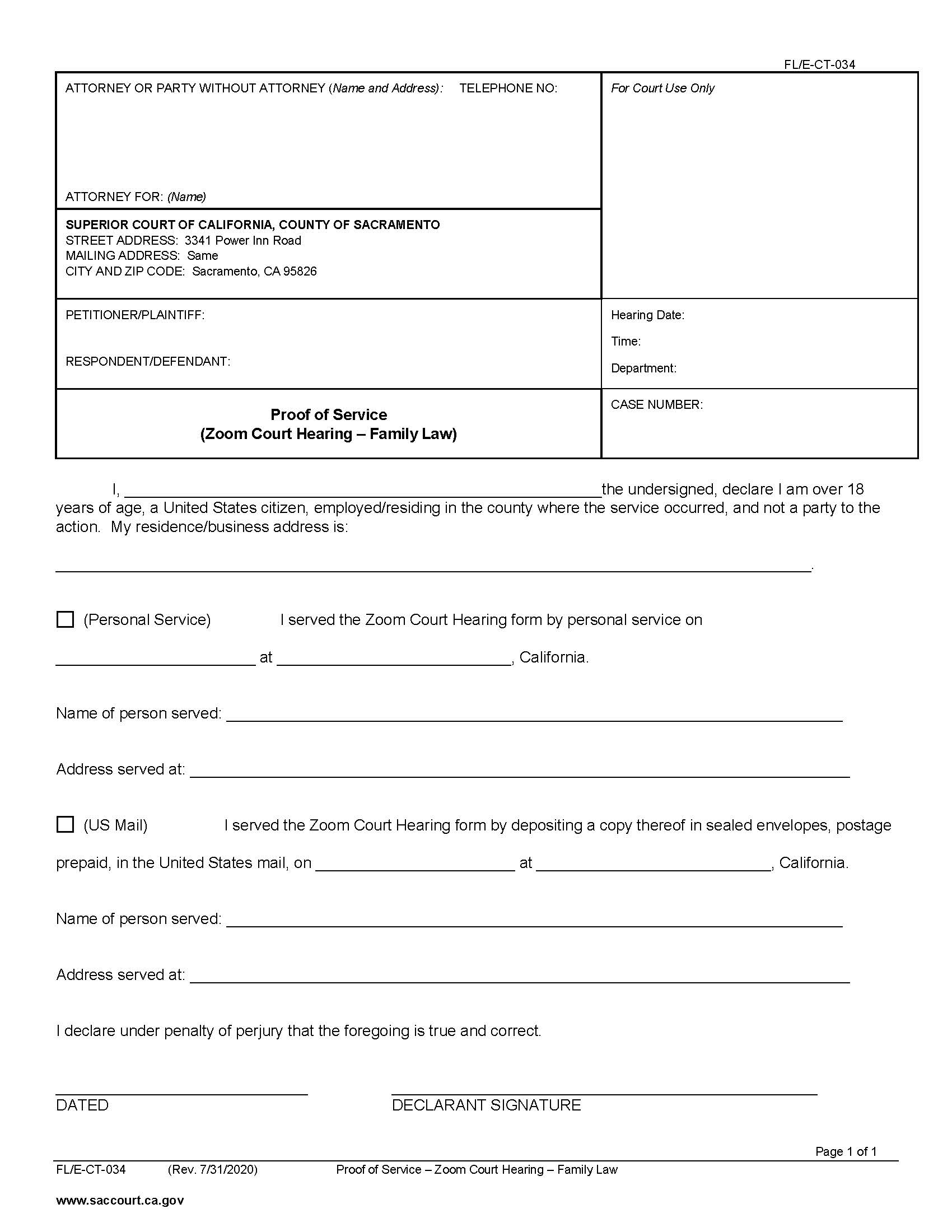 Proof Of Service (Zoom Court Hearing Family Law) {FL-E-CT-034} | Pdf Fpdf Docx | California