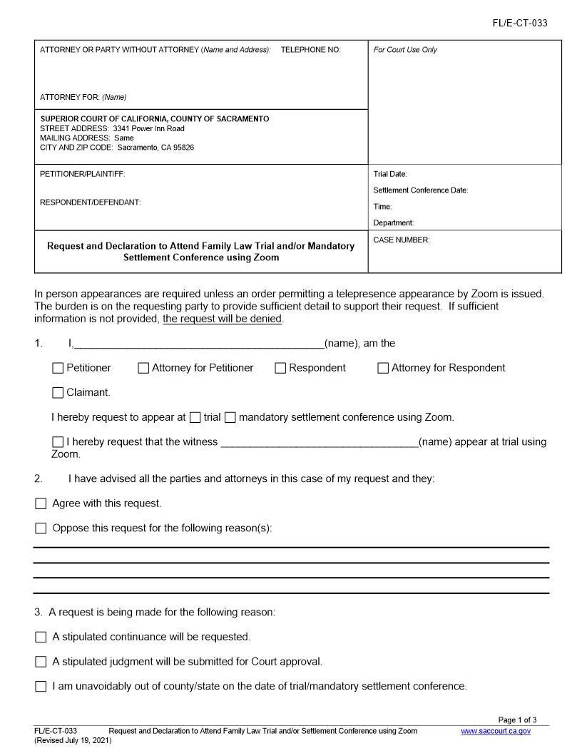 Request And Declaration To Attend Family Law Trial Using Zoom {FL-E-CT-033} | Pdf Fpdf Docx | California