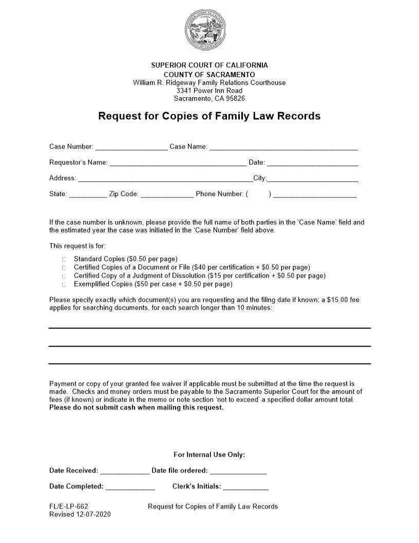 Request For Copies Of Family Law Records {FL-E-LP-662} | Pdf Fpdf Docx | California