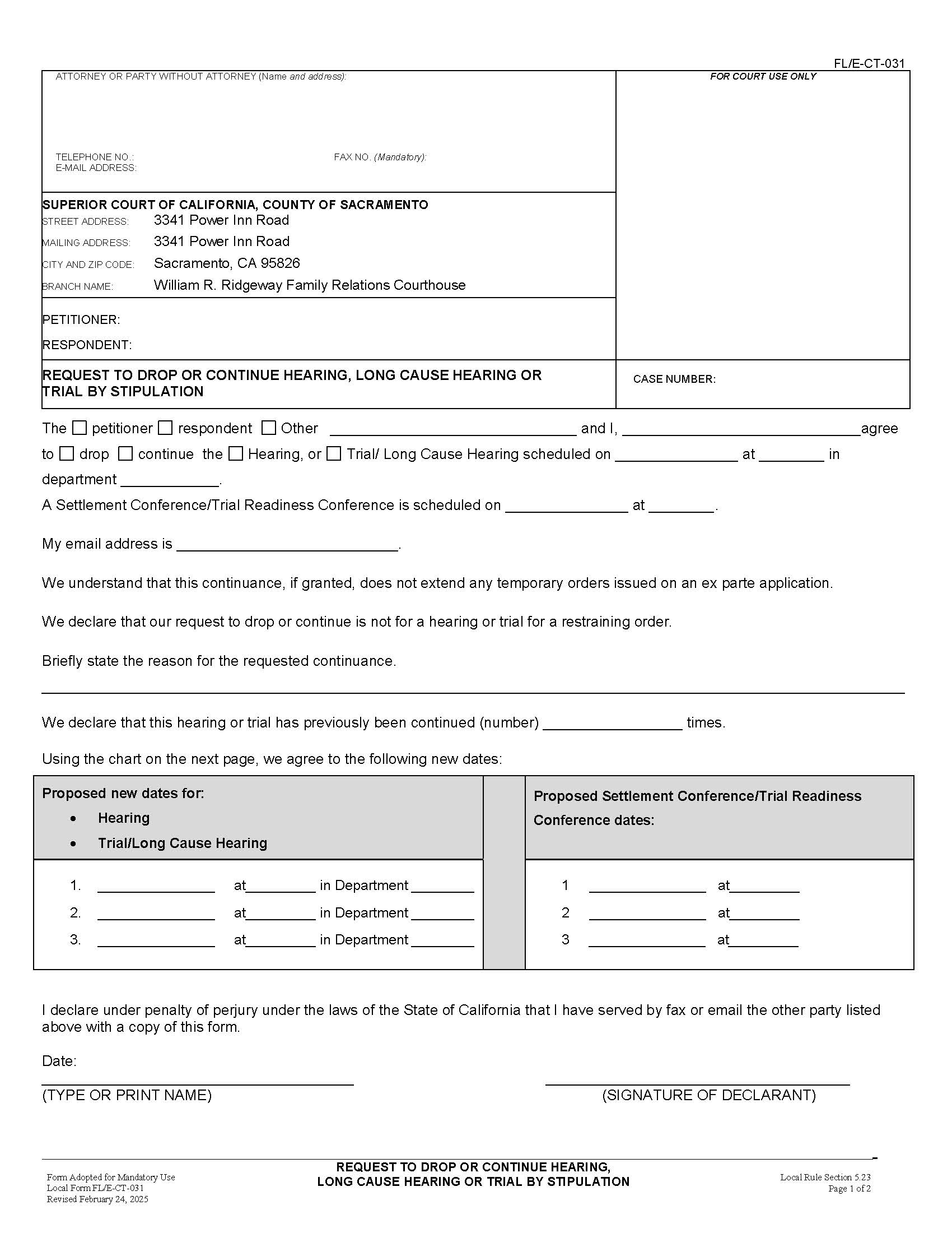 Request To Drop Or Continue Hearing Long Cause Hearing Or Trial {FL-E-CT-031} | Pdf Fpdf Docx | California