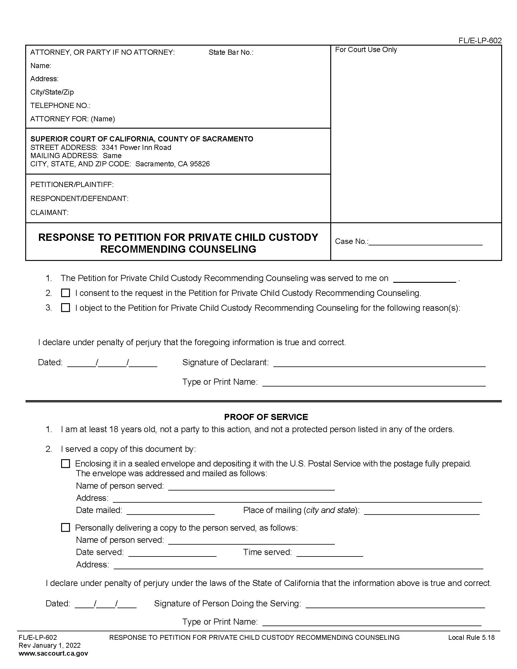 Response To Petition For Private Child Custody Recommending Counseling {FL-E-LP-602} | Pdf Fpdf Doc Docx | California