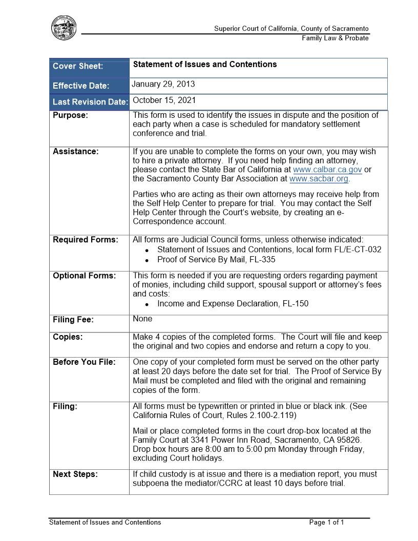 Statement Of Issues {FL-E-CT-032} | Pdf Fpdf Docx | California