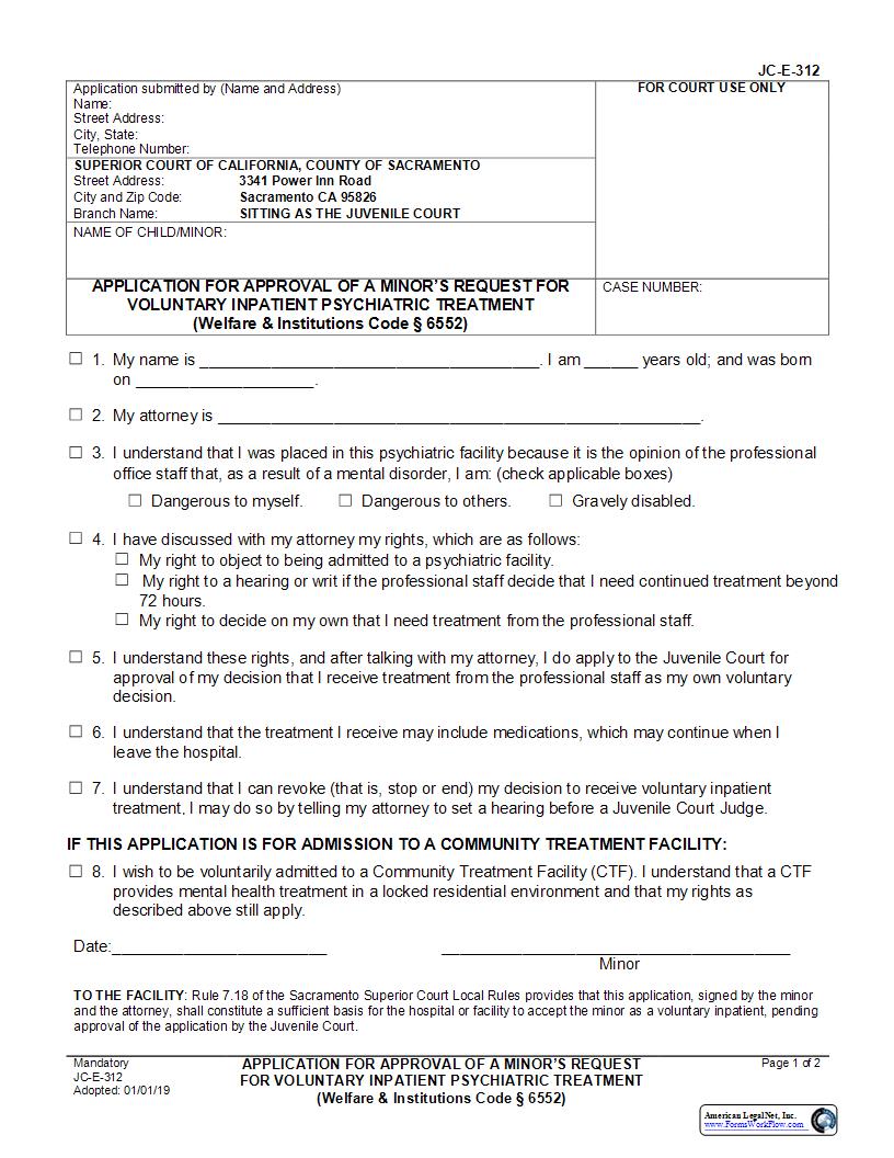 Application For Approval Of A Minors Request For Voluntary Inpatient Treatment {JC-E-312} | Pdf Fpdf Docx | California