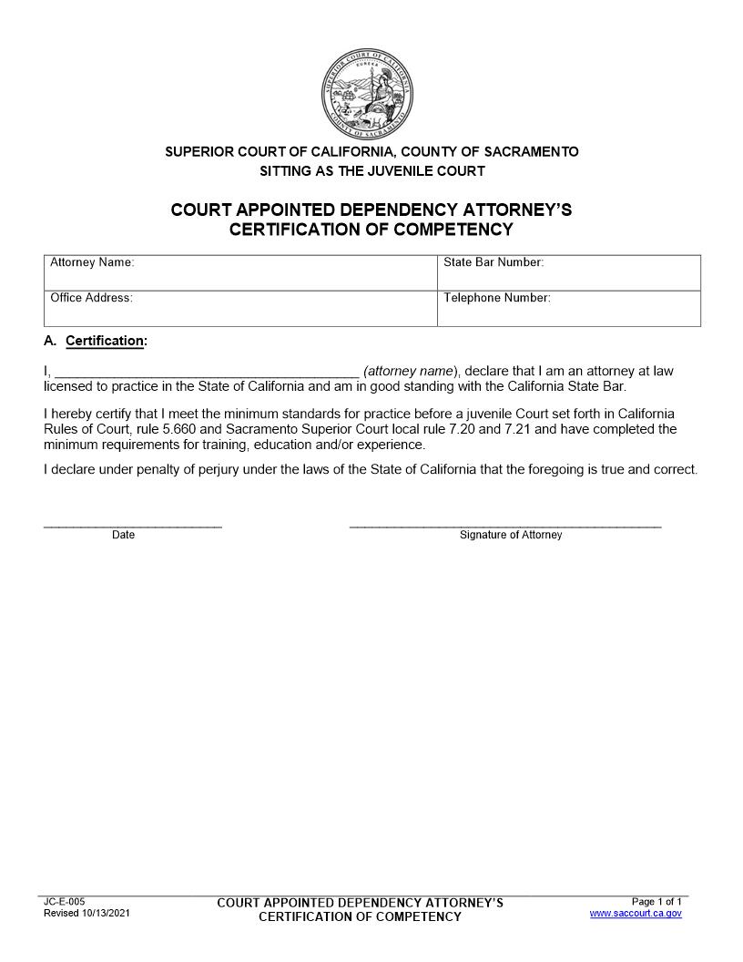 Certification Of Attorney Competency {JC E-005} | Pdf Fpdf Doc Docx | California