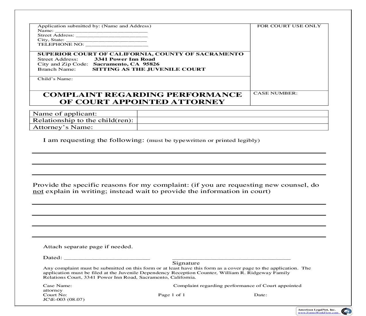 Complaint About Performance Of Court Appointed Attorney {JC E-003} | Pdf Fpdf Doc Docx | California