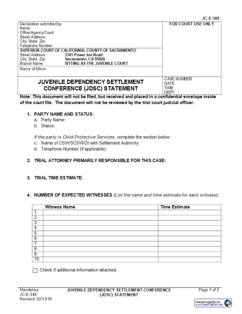 Confidential Juvenile Dependency Settlement Conference (JDSC) Statement {JC-E-348} | Pdf Fpdf Docx | California